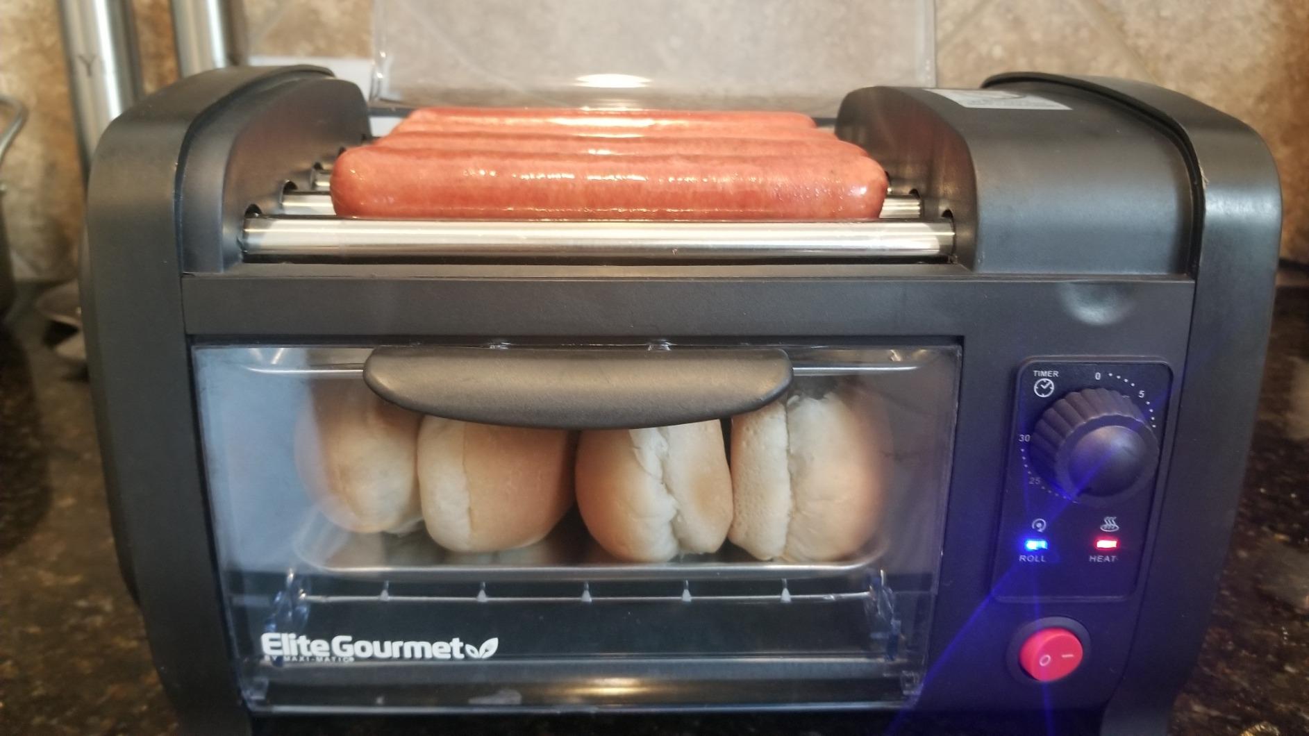 Elite Gourmet 8-Hot Dog Roller/Toaster Oven, 5 Rollers, Auto Shut-Off, Red | 30-Min Timer, Stainless Steel Rollers, 2 Warming Racks, Bun Warmer & Drip Pan - cooks brats, sausages & taquitos customer photo 2