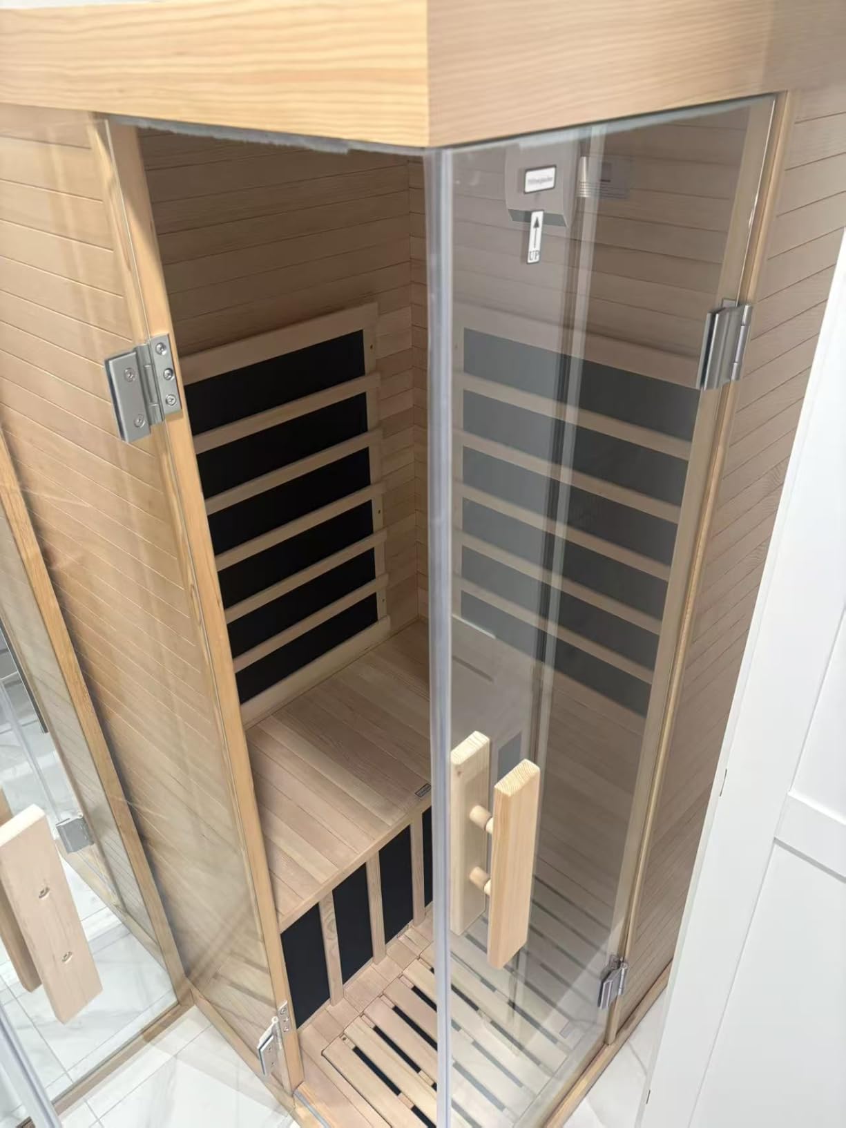 Wood Infrared Sauna for Home, Infdoor Home Sauna with Red Light, 1 Person Infrared Sauna, Chromotherapy Light, Hemlock, Low EMF Far Infrared, Blutooth Speakers, 33.4'' x 33.4'' x 70'' customer photo 1