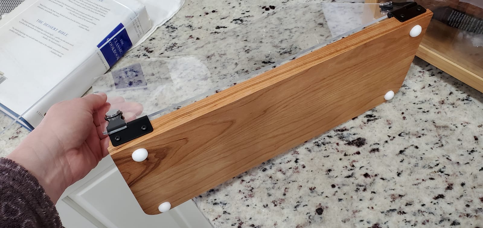 Deluxe Large Cookbook Holder - Acrylic Shield With Cherry Wood Base - Made in the USA customer photo 1