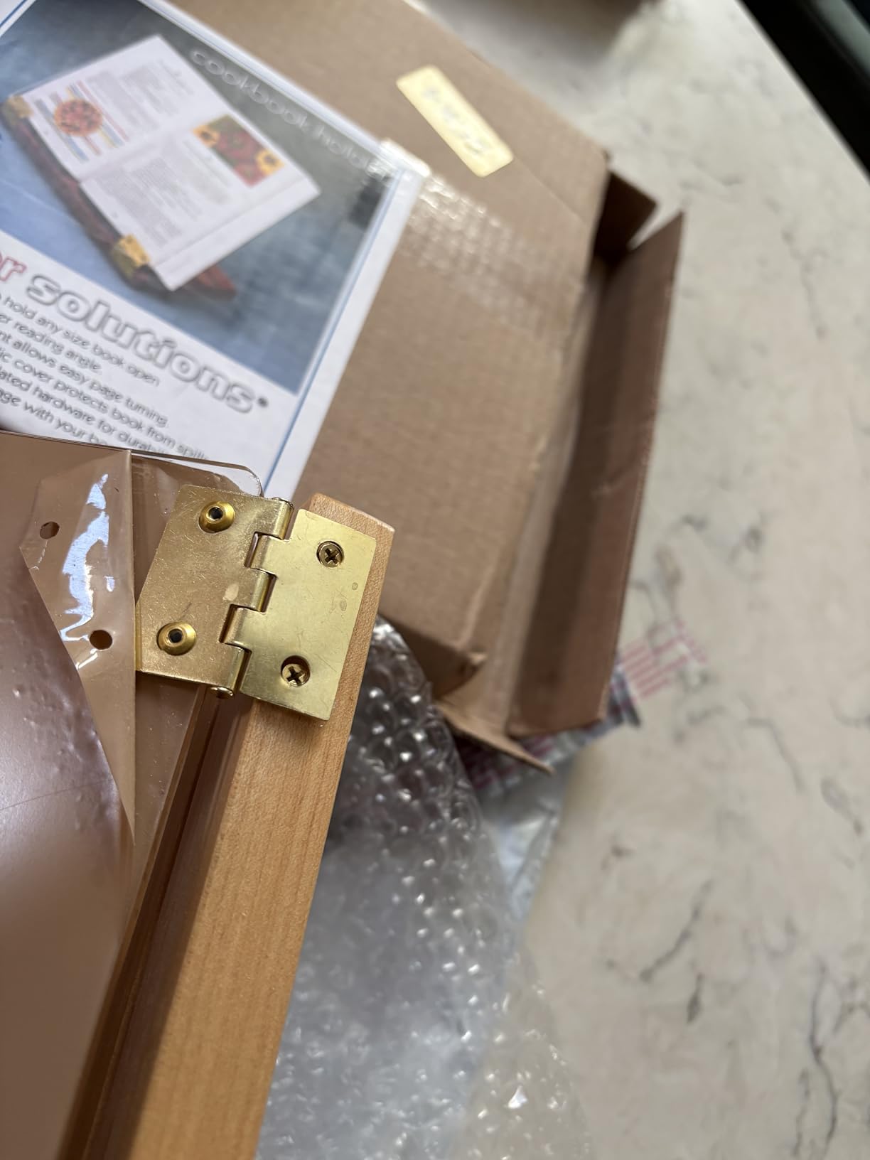 Original Hinged Cookbook Holder - Acrylic Shield With Wood Base and Brass Plated Hinges - Made in the USA customer photo 1