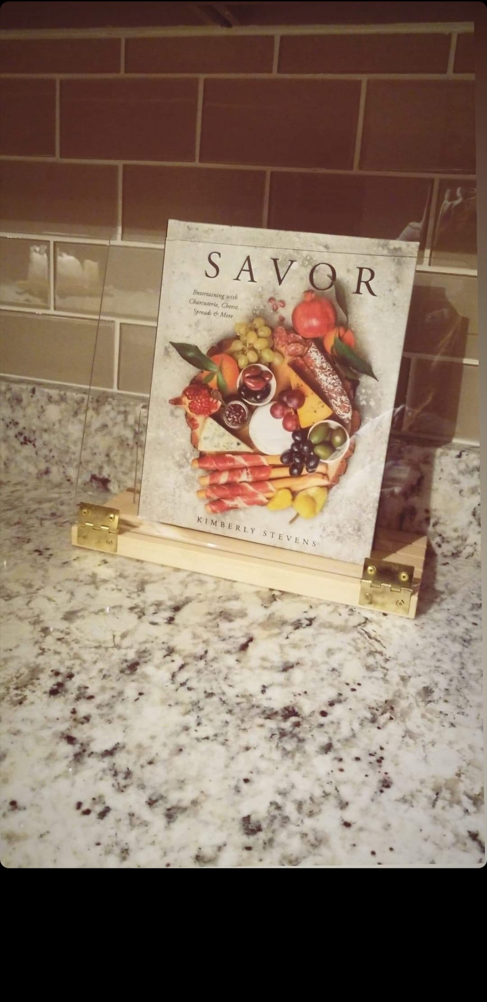 Original Hinged Cookbook Holder - Acrylic Shield With Wood Base and Brass Plated Hinges - Made in the USA customer photo 2