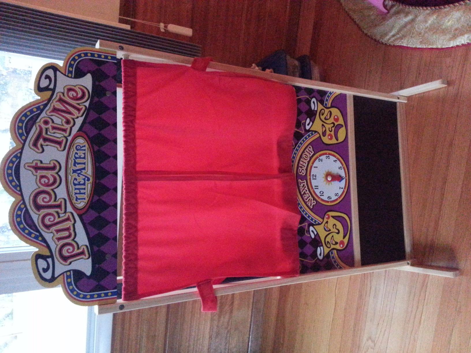 Melissa & Doug Deluxe Puppet Theater - Sturdy Wooden Construction, Age 6+ | Wooden Puppet Theater, Plush Curtains, Movable Clock, Chalkboard, Storytelling Pretend Play, Preschool Toys for Kids, Ages 3+ customer photo 1