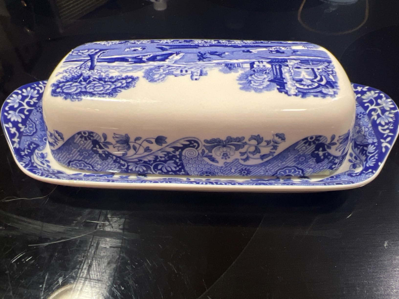 Spode Blue Italian Butter Dish, Fine Porcelain Covered Butter Holder with Countryside Scene & Oriental Border, Collectible Blue & White Tableware - 8