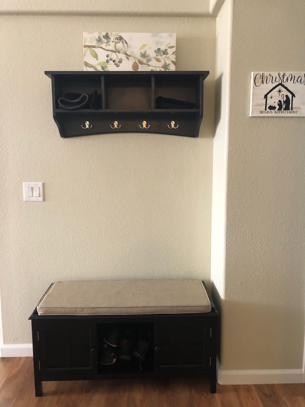 Shaker Cottage Wall-Mounted Coat Rack with 3 Storage Cubbies and 4 Coat Hooks - 36