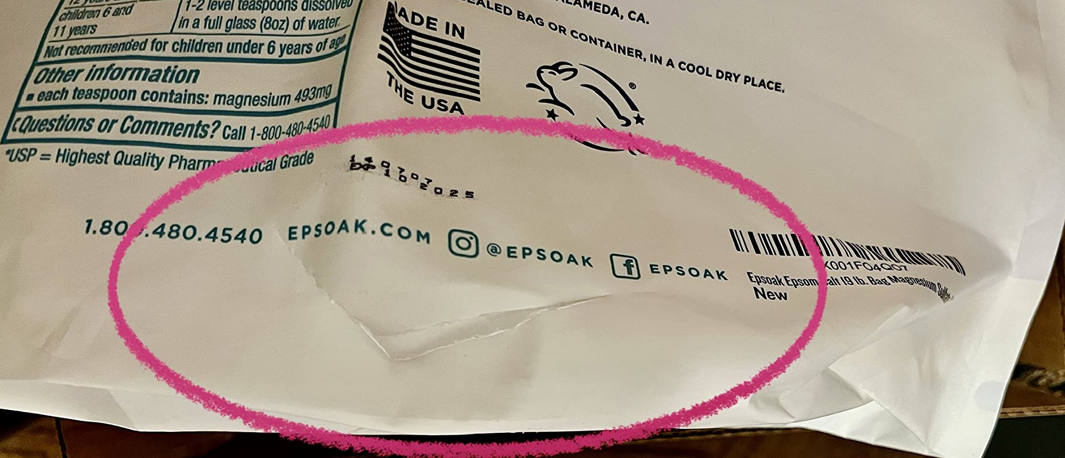 Epsoak Epsom Salt 19 lb. Magnesium Sulfate USP. Resealable Epsom Salt Bag Unscented, Made in The USA, Cruelty-Free Certified customer photo 2