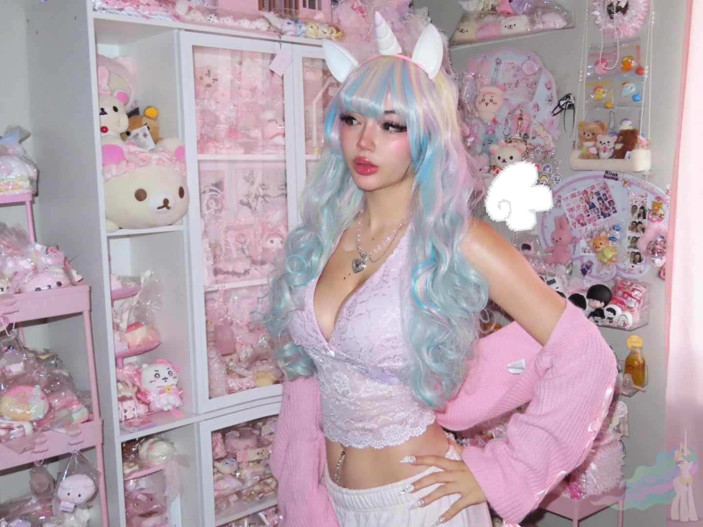 MapofBeauty Lolita Long Curly Clip on Ponytails Cosplay Wig, Pink/Blue/Gold customer photo 2