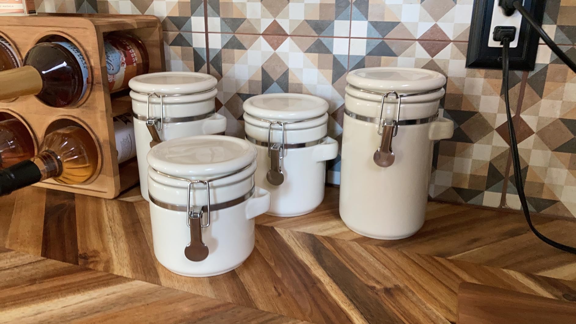 Canister Sets For The Kitchen (4 Piece Set) White, High Gloss Ceramic | By Home Basics | Decorative| With Wooden Spoons, Countertop Set For Flour, Sugar, Coffee, and Snacks customer photo 1