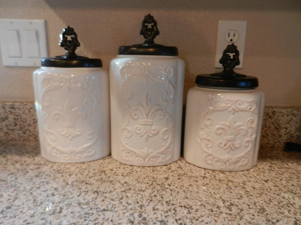 American Atelier Fleur de Lis White Canister Set 3-Piece Ceramic Jars in 84.5oz, 74.5oz, & 60oz Designed w/ Airtight Stainless Steel Lids for Cookies, Candy, Coffee, Flour, Sugar, Rice, Pasta, Cereal customer photo 1
