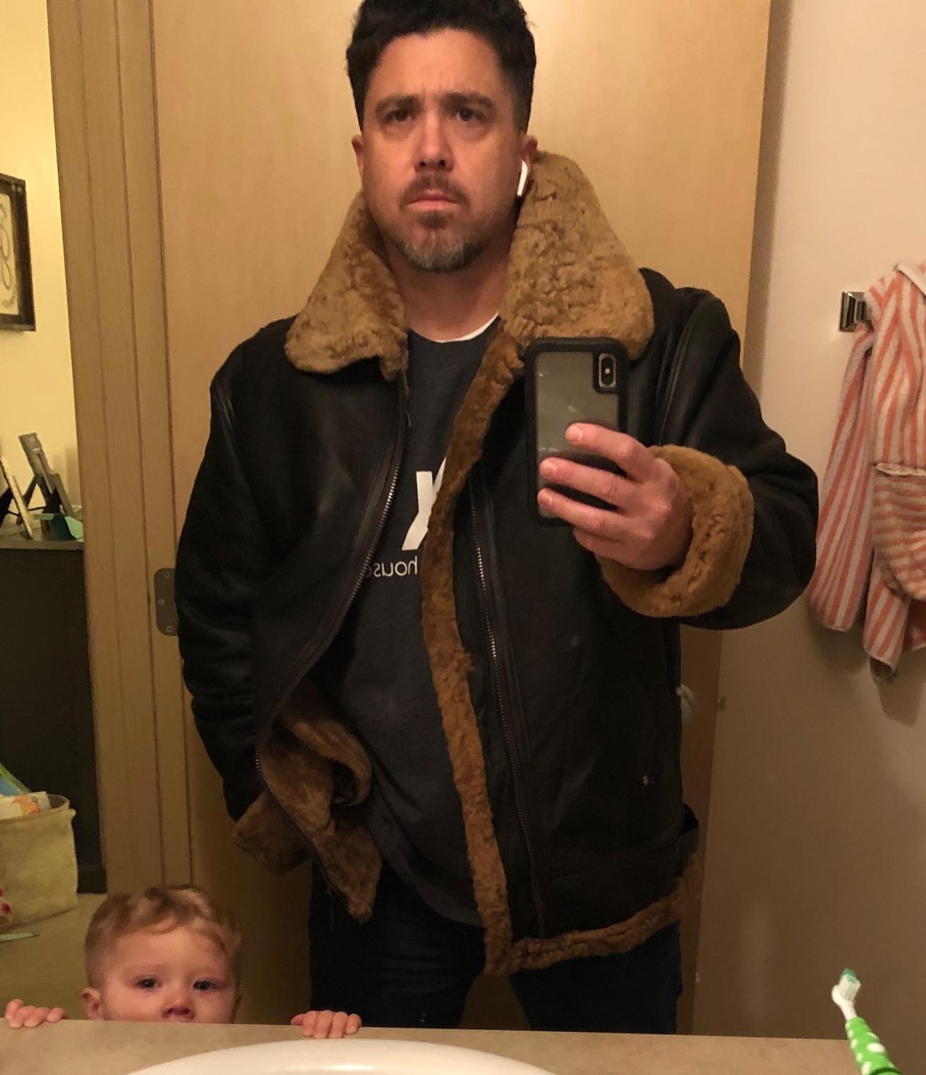 BRANDSLOCK Mens Flying B3 Genuine Shearling Sheepskin Leather Bomber Jacket customer photo 2