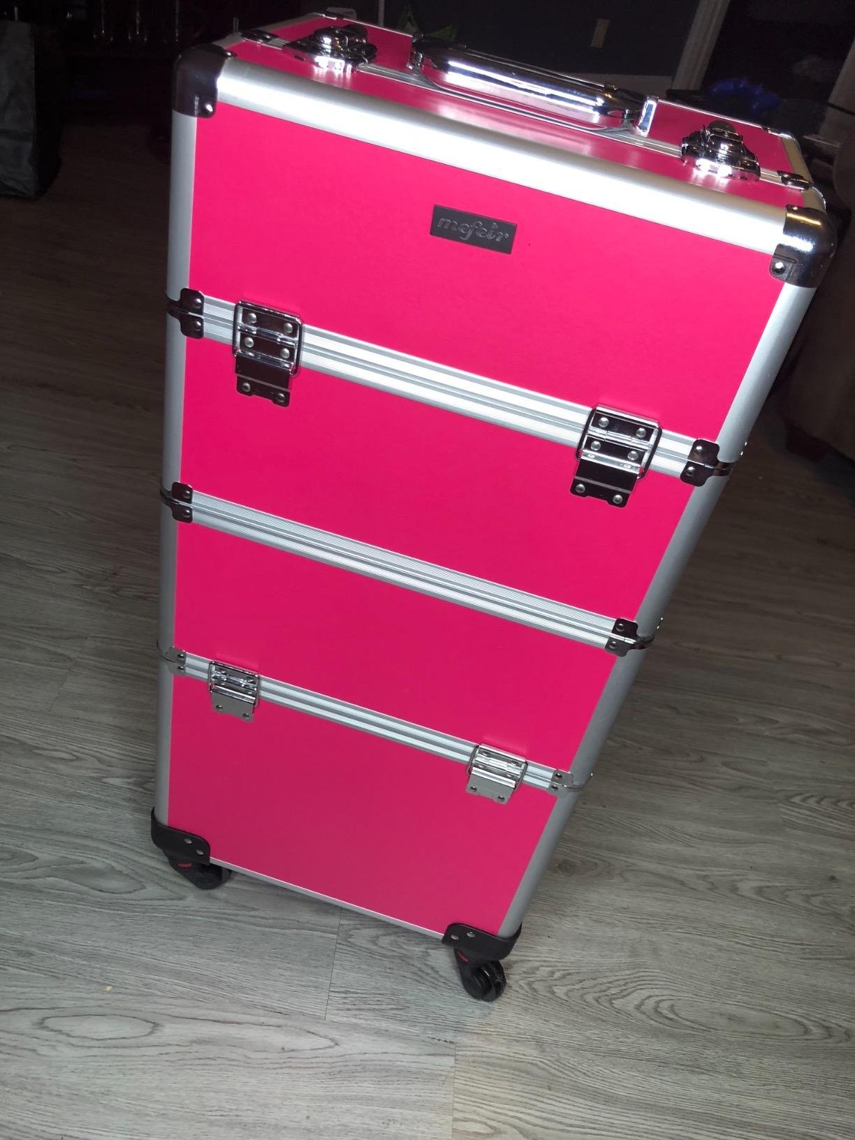 mefeir 3 in 1 Rolling Makeup Train Case, Aluminum Makeup Travel Organizer Cosmetic Case, Cosmetology Display Suitcase on Wheels, Beauty Storage Luggage Lockable w/4 Removable Wheels (Rose-Pink) customer photo 2