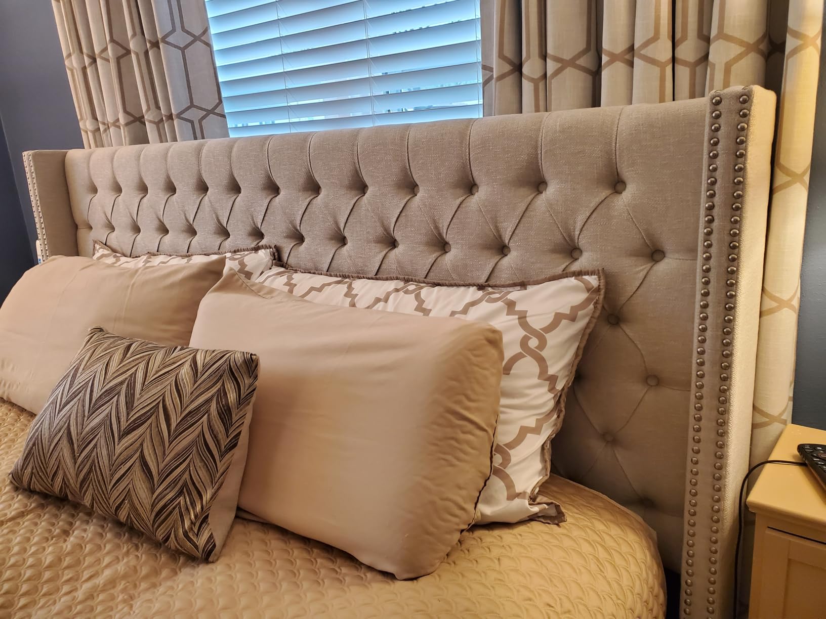 Madison Park Amelia Upholstered Headboard | Nail Head Trim Wingback Button Tufted | King, Cream customer photo 1
