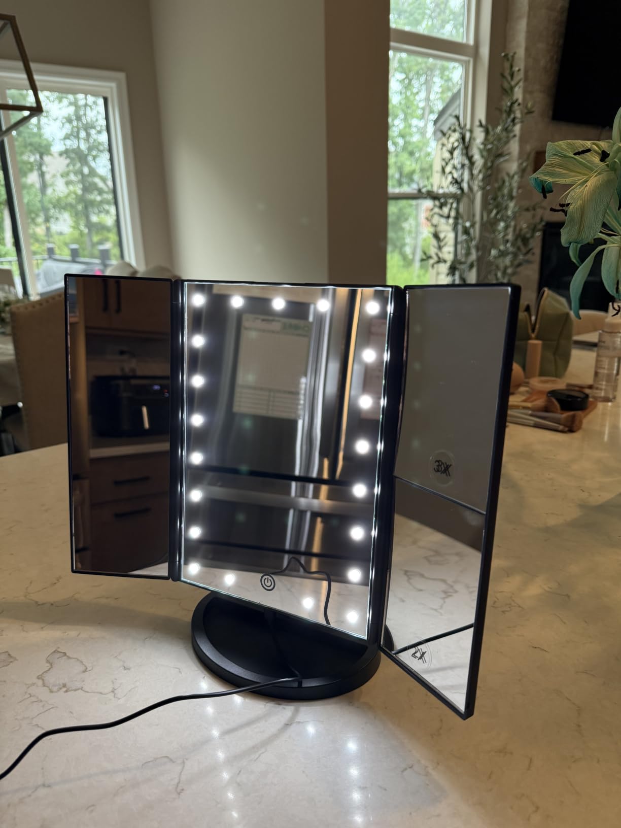 deweisn Dresser Mount Tri-Fold Lighted Vanity Mirror with 21 LED Lights, Touch Screen and 3X/2X/1X Magnification, Two Power Supply Modes Make Up Mirror,Travel Mirror customer photo 1
