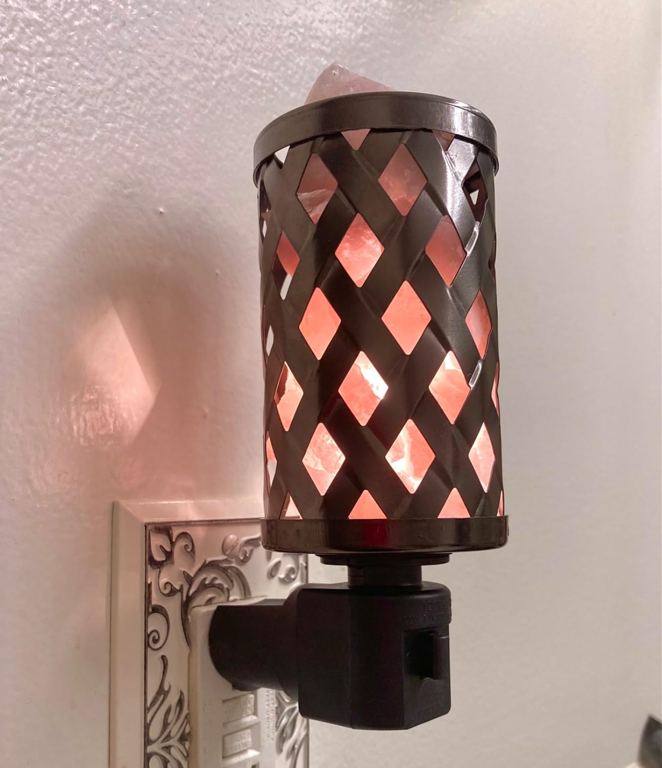 Himalayan Glow Lattice Style Basket Salt Lamp Night Light with Pink Salt Chunks | 360 Degree Rotatable Wall Plug,Ideal Gift For Home Décor customer photo 1