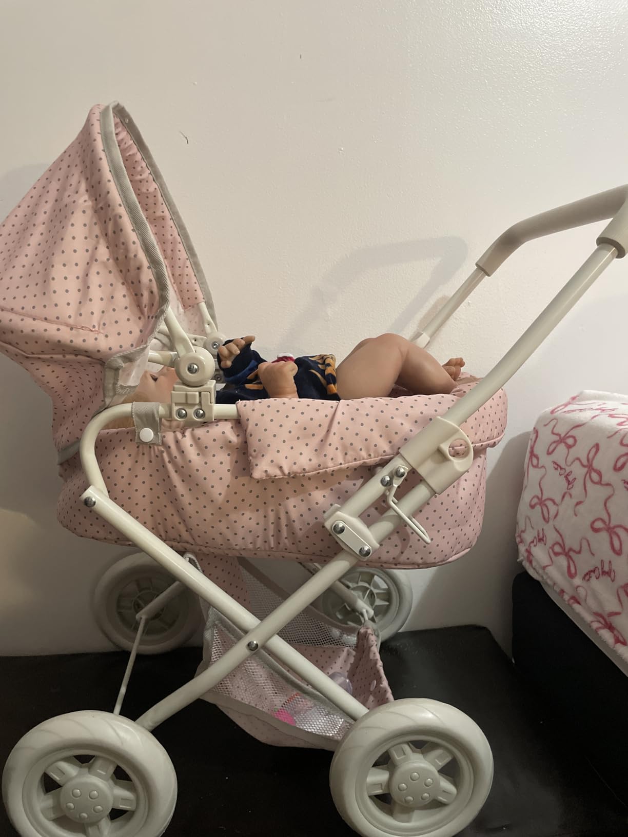 Olivia's Little World Buggy-Style Baby Doll Stroller with Retractable Canopy, Storage Underneath, Detachable Bassinet, Travel Nursery Bag, Comfortable to Push, Pink and Gray customer photo 1