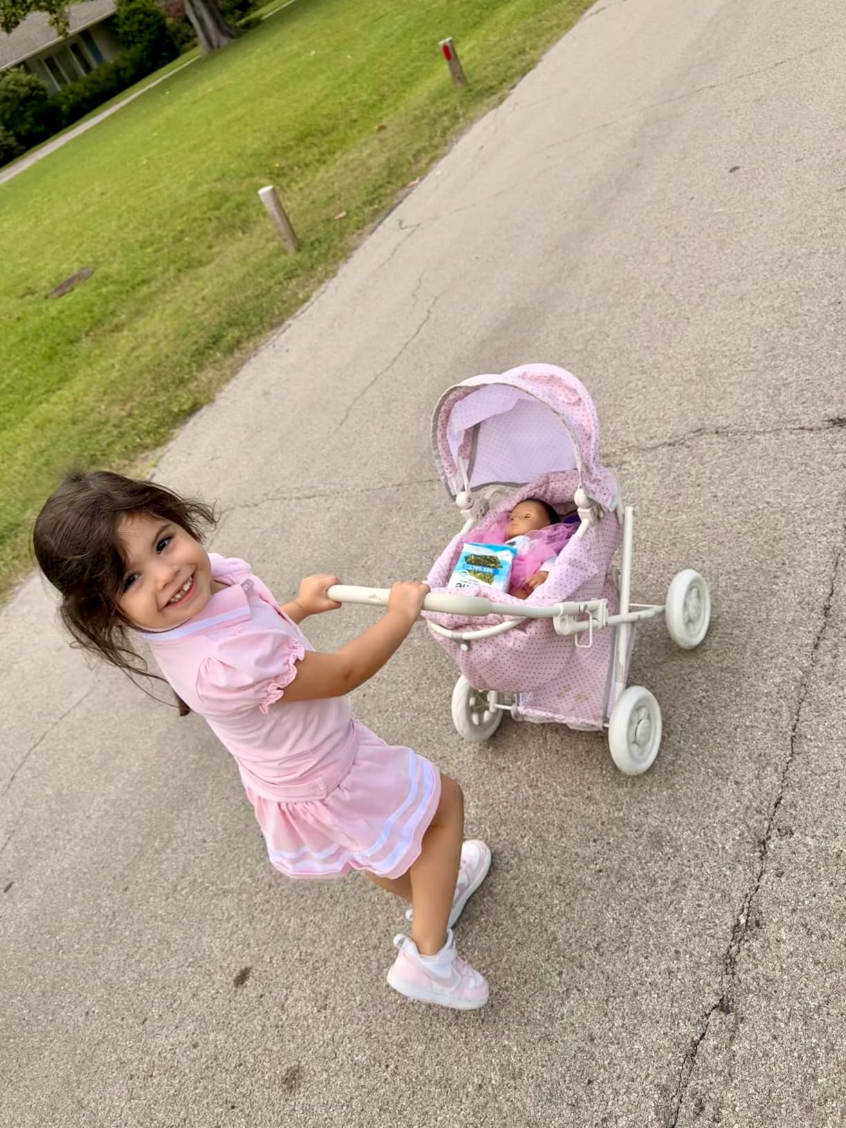 Olivia's Little World Buggy-Style Baby Doll Stroller with Retractable Canopy, Storage Underneath, Detachable Bassinet, Travel Nursery Bag, Comfortable to Push, Pink and Gray customer photo 2