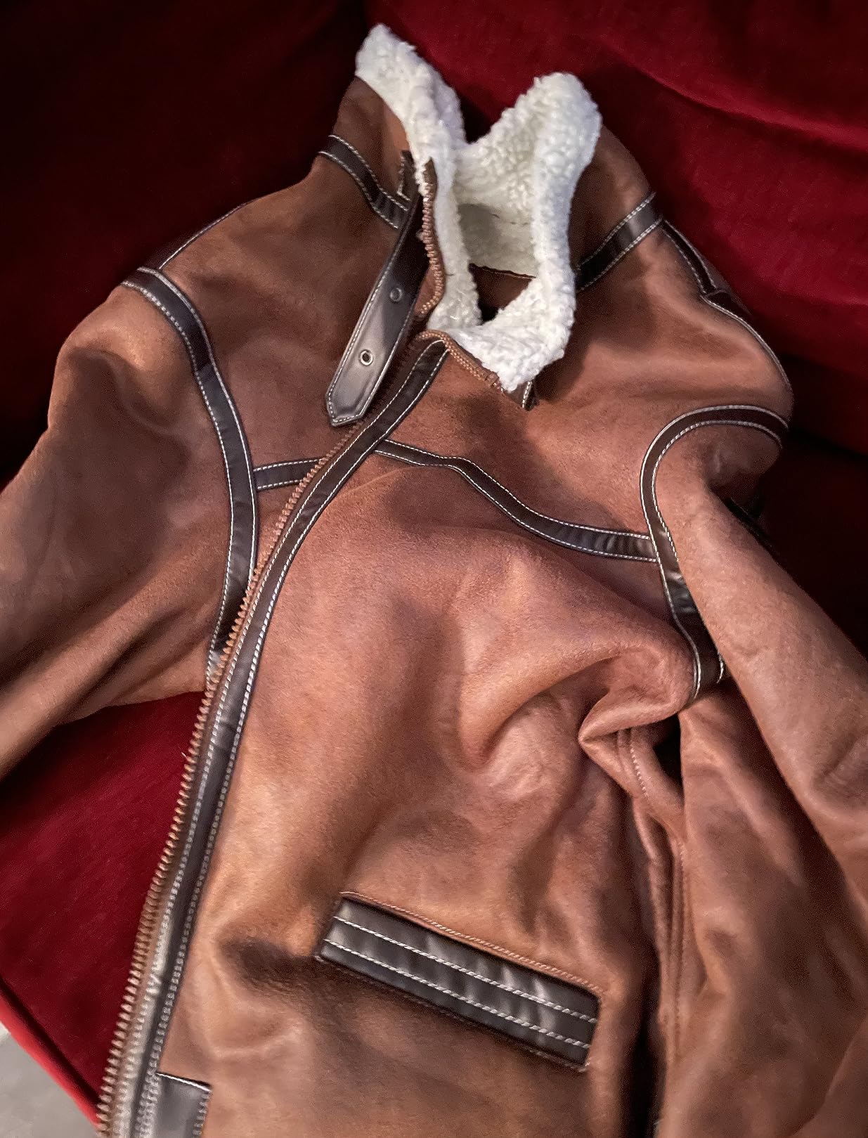 Men's Faux Leather Jacket Brown Motorcycle Bomber Shearling Suede Stand Collar customer photo 2