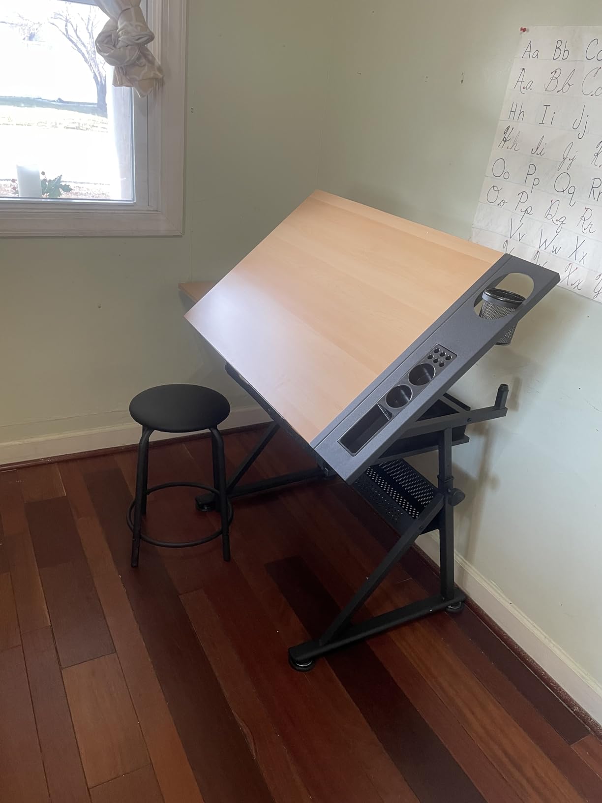 Drafting Table Drawing Desk Art&Craft Work Station Height Adjustable Tilting Tabletop Craft Table Desk w/Stool and 2 Storage Drawers for Home Office Study Room, Natural customer photo 1