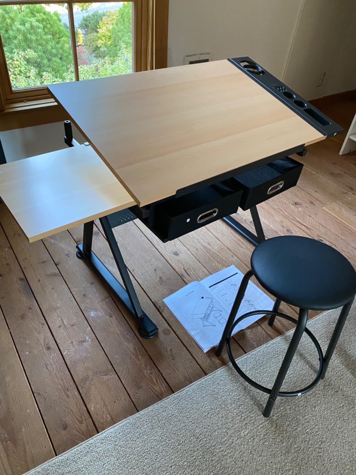 Drafting Table Drawing Desk Art&Craft Work Station Height Adjustable Tilting Tabletop Craft Table Desk w/Stool and 2 Storage Drawers for Home Office Study Room, Natural customer photo 2