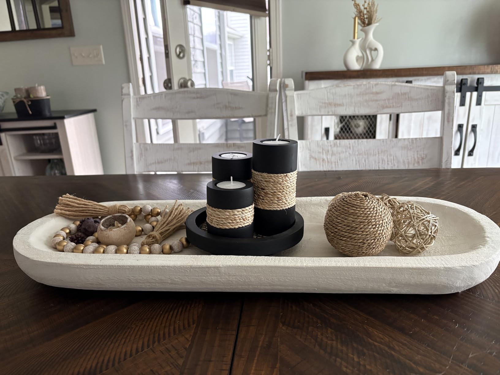 IYARA CRAFT Candleholder Set with Tray, Set of 3 Rustic Black Wooden Tealight Candle Holders with Natural Rope Accent, Coffee Table Centerpiece, Farmhouse Home Decor, Housewarming customer photo 1