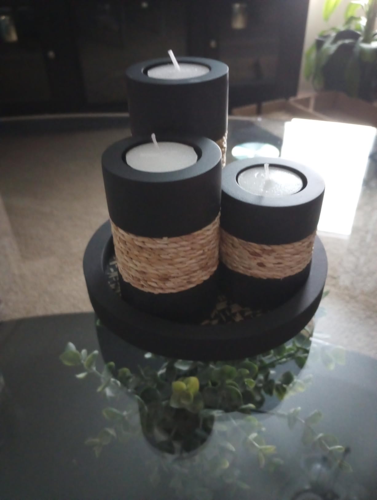IYARA CRAFT Candleholder Set with Tray, Set of 3 Rustic Black Wooden Tealight Candle Holders with Natural Rope Accent, Coffee Table Centerpiece, Farmhouse Home Decor, Housewarming customer photo 2