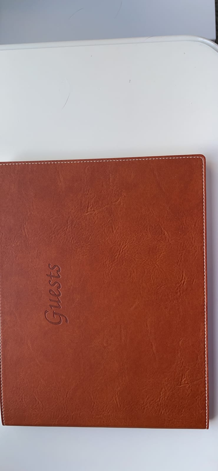 Soft Cover Italian Leather Guest Book with Guests Embossed on Cover - Tan customer photo 1