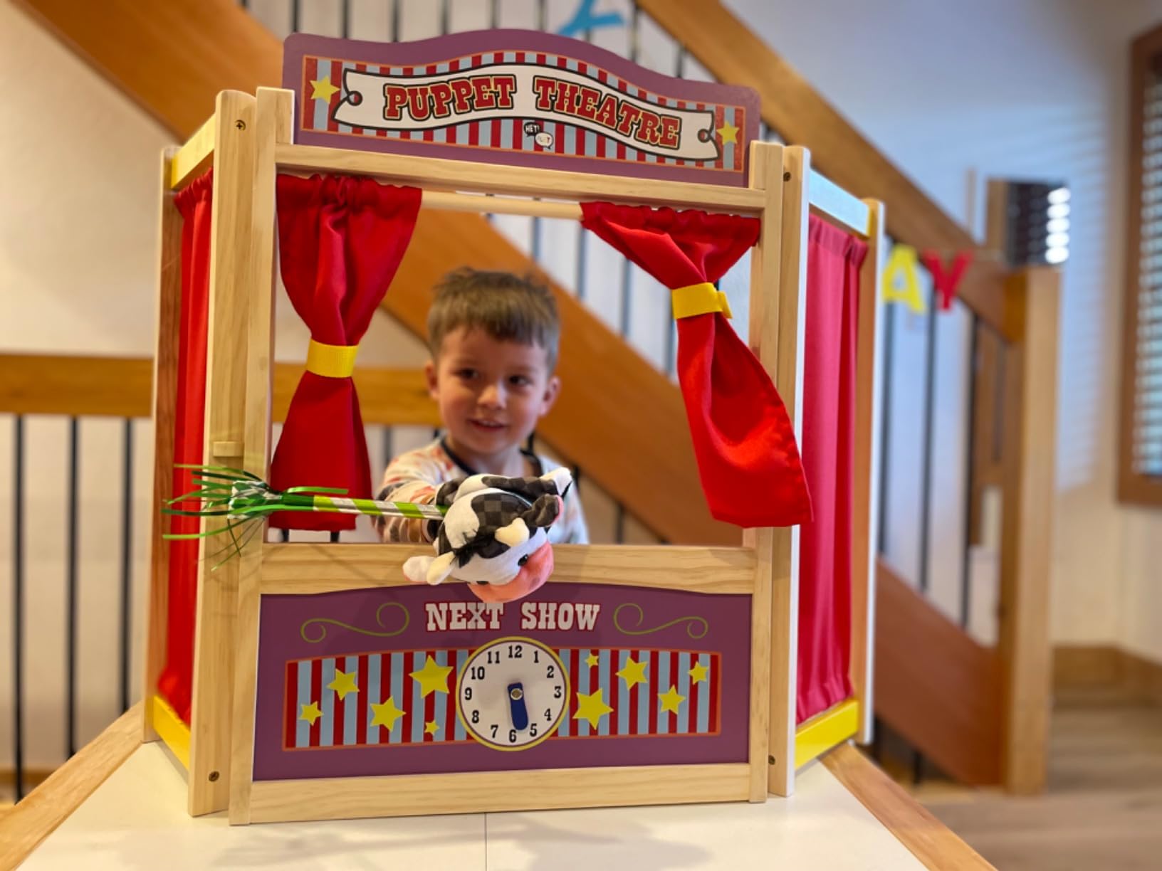 HEY! PLAY! Puppet Theater for Kids, 30” x 26” | Wooden Tabletop Stage with Curtains, Blackboard, and Clock, Inspires Imagination and Creativity in Kids Ages 3 and Up customer photo 2