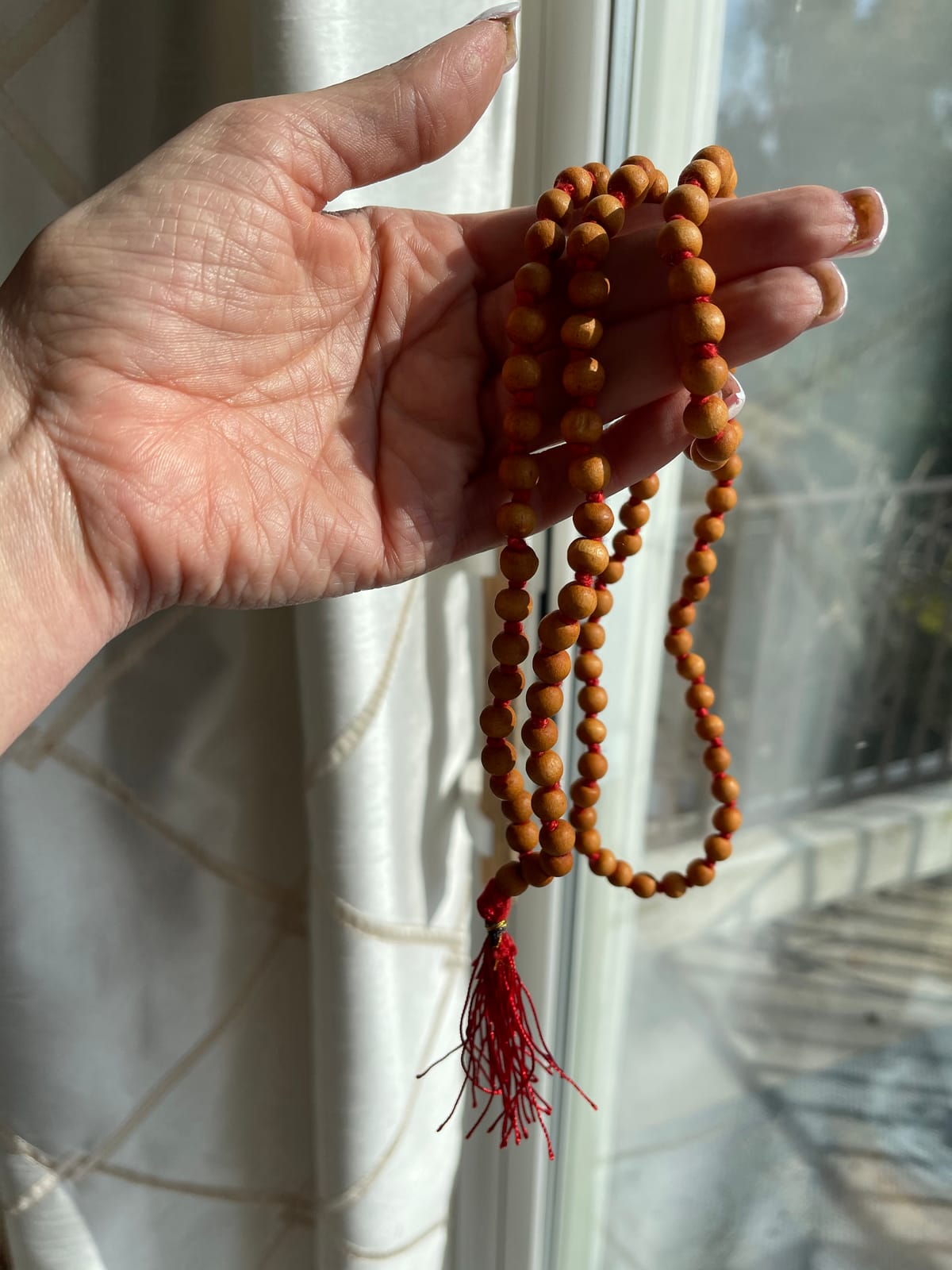 IS4A 8MM TULSI HOLY BASIL PRAYER BEADS JAPA MALA NECKLACE HAND KNOTTED. KARMA 108+1=109 BEADS. BLESSED & ENERGIZED HINDU TIBETAN BUDDHIST SUBHA ROSARY RED TESSEL customer photo 1