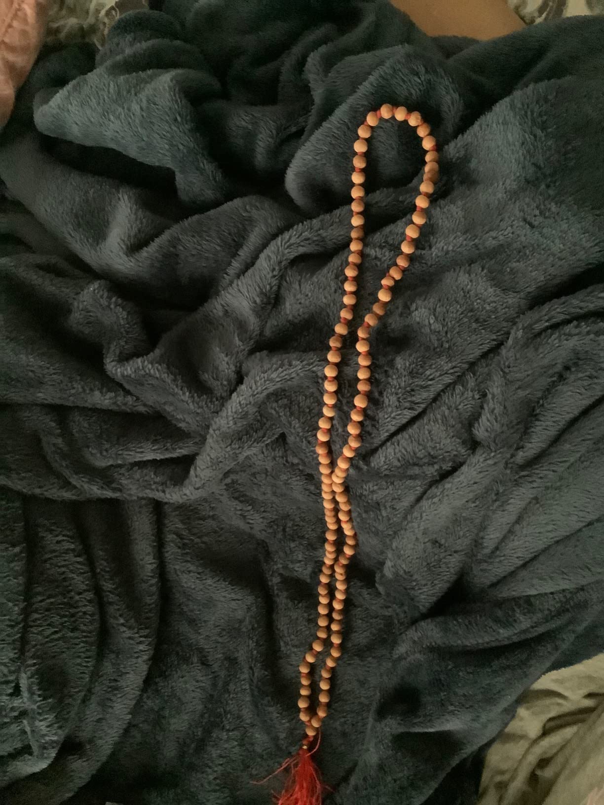 IS4A 8MM TULSI HOLY BASIL PRAYER BEADS JAPA MALA NECKLACE HAND KNOTTED. KARMA 108+1=109 BEADS. BLESSED & ENERGIZED HINDU TIBETAN BUDDHIST SUBHA ROSARY RED TESSEL customer photo 2