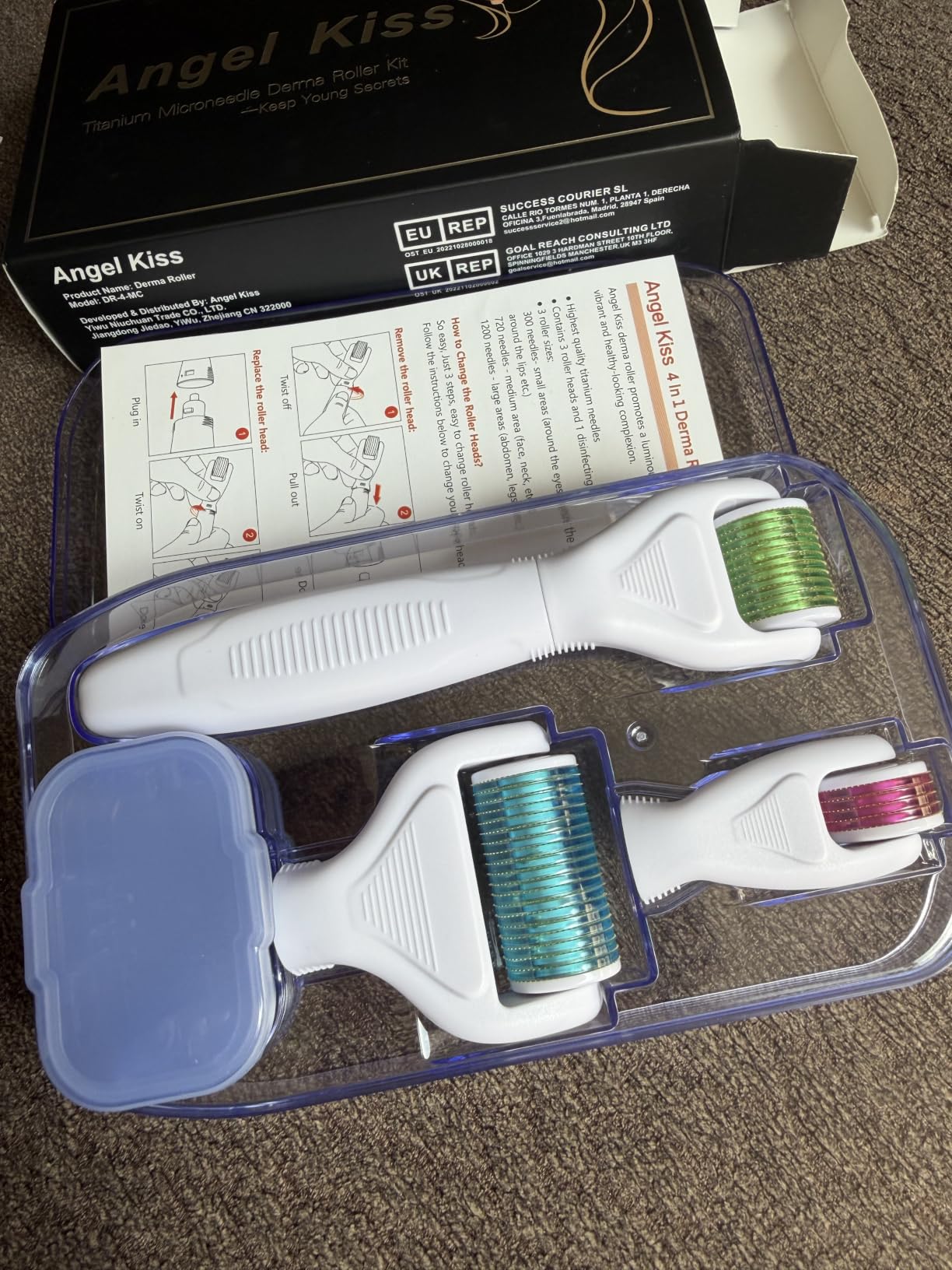 Derma Roller for Face and Body - Angel Kiss 4 in 1 Titanium Microneedling Roller Kit Micro Needle Microneedle Roller, 300 and 720 Needles 0.25mm,1200 Needle 0.3mm | Microneedle Roller Set for Women Men - 300 and 720 Needle 0.25mm,1200 Needle 0.3mm, Beard Roller for Men, w/ Storage Case customer photo 1
