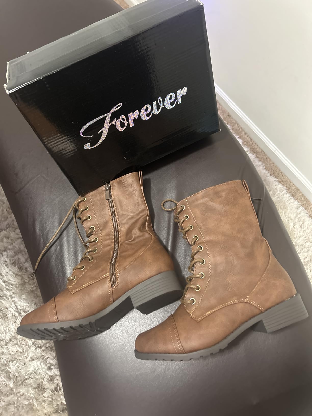 Forever Link Womens Round Toe Military Lace Up Knit Ankle Cuff Low Heel Combat Boots customer photo 2