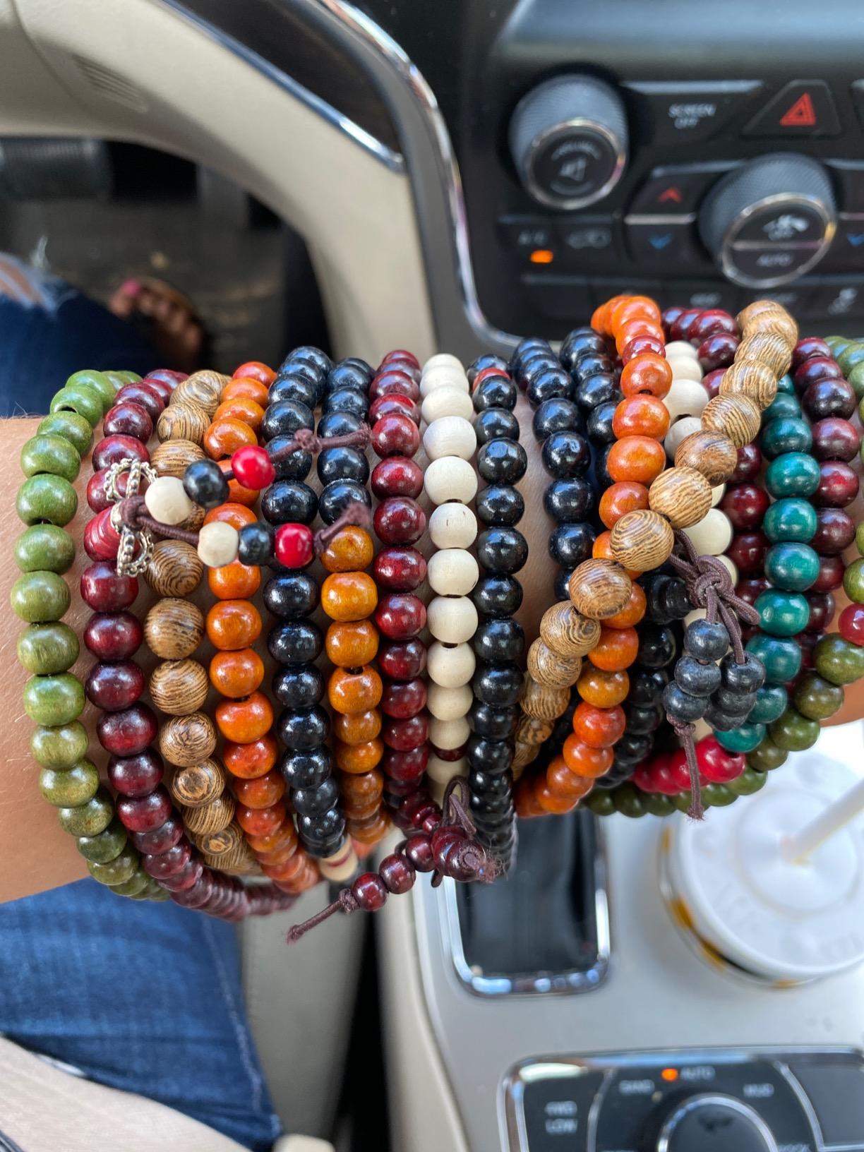 K&Q 9 Pcs Mens Womens Wood Chain Bracelets, Handmade Multilayer 8MM 108 Buddhist Strand Wood Mala Beaded Elastic Bracelet Necklace-Meditation Prayer Beads for Yoga, Spiritual Protection & Good Luck customer photo 2