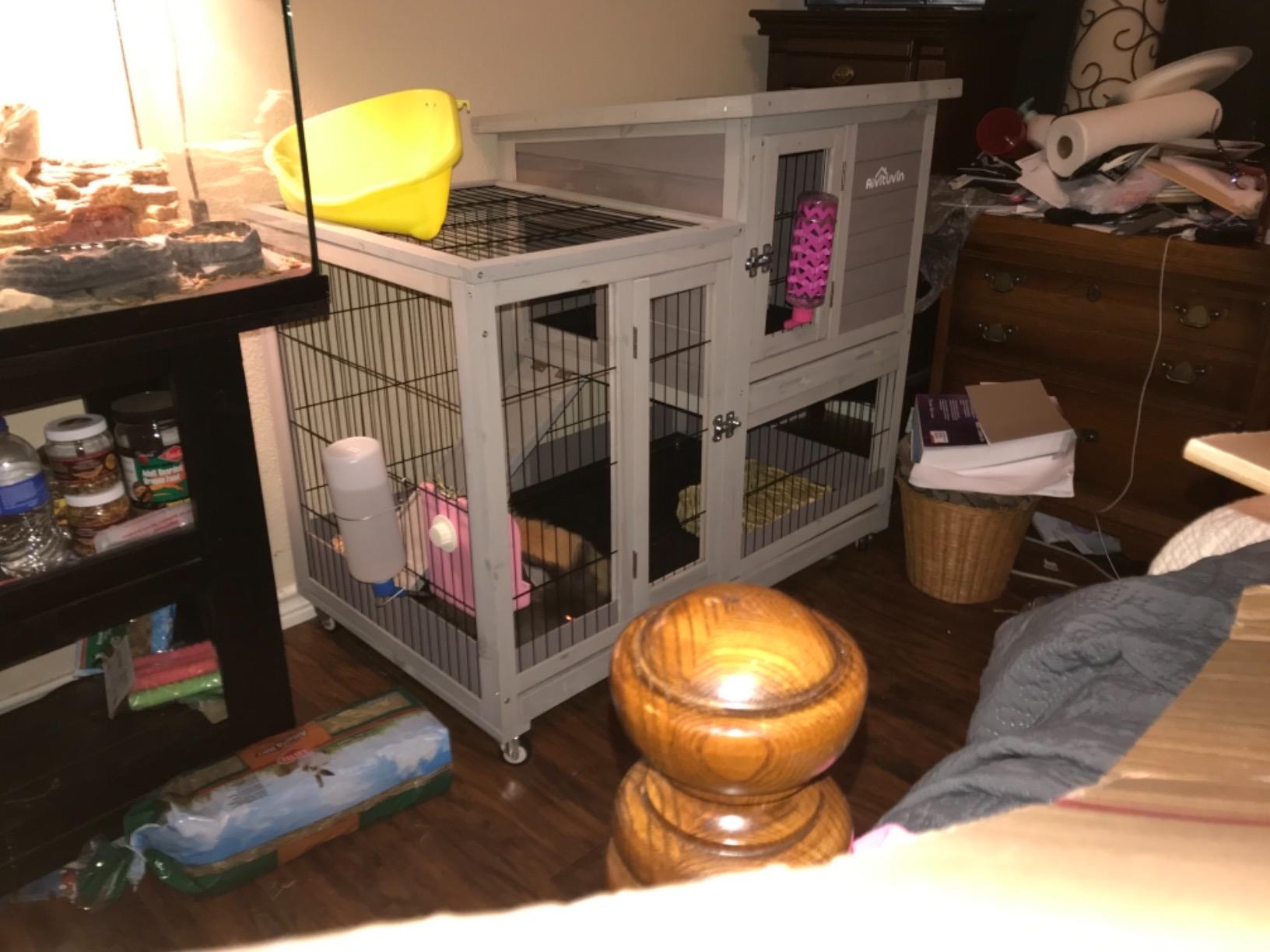 Aivituvin Rabbit Hutch, Indoor Bunny Cage with Run Outdoor Rabbit House with Two Deeper No Leak Trays - 4 Casters Include (Grey) customer photo 1
