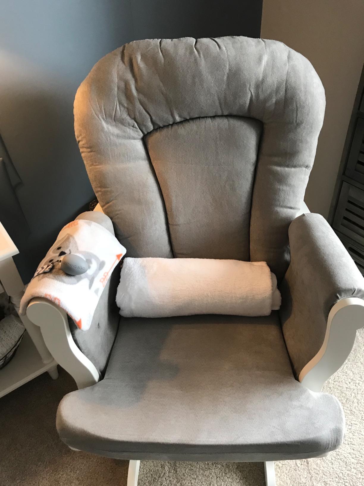 Child Craft Cozy Glider Rocker and Ottoman Set, Smooth Quiet Gliding Motion, Padded Cushion with Convenient Storage Pockets, Solid Wood Base & Frame (Matte White with Light Gray Cushion) customer photo 1