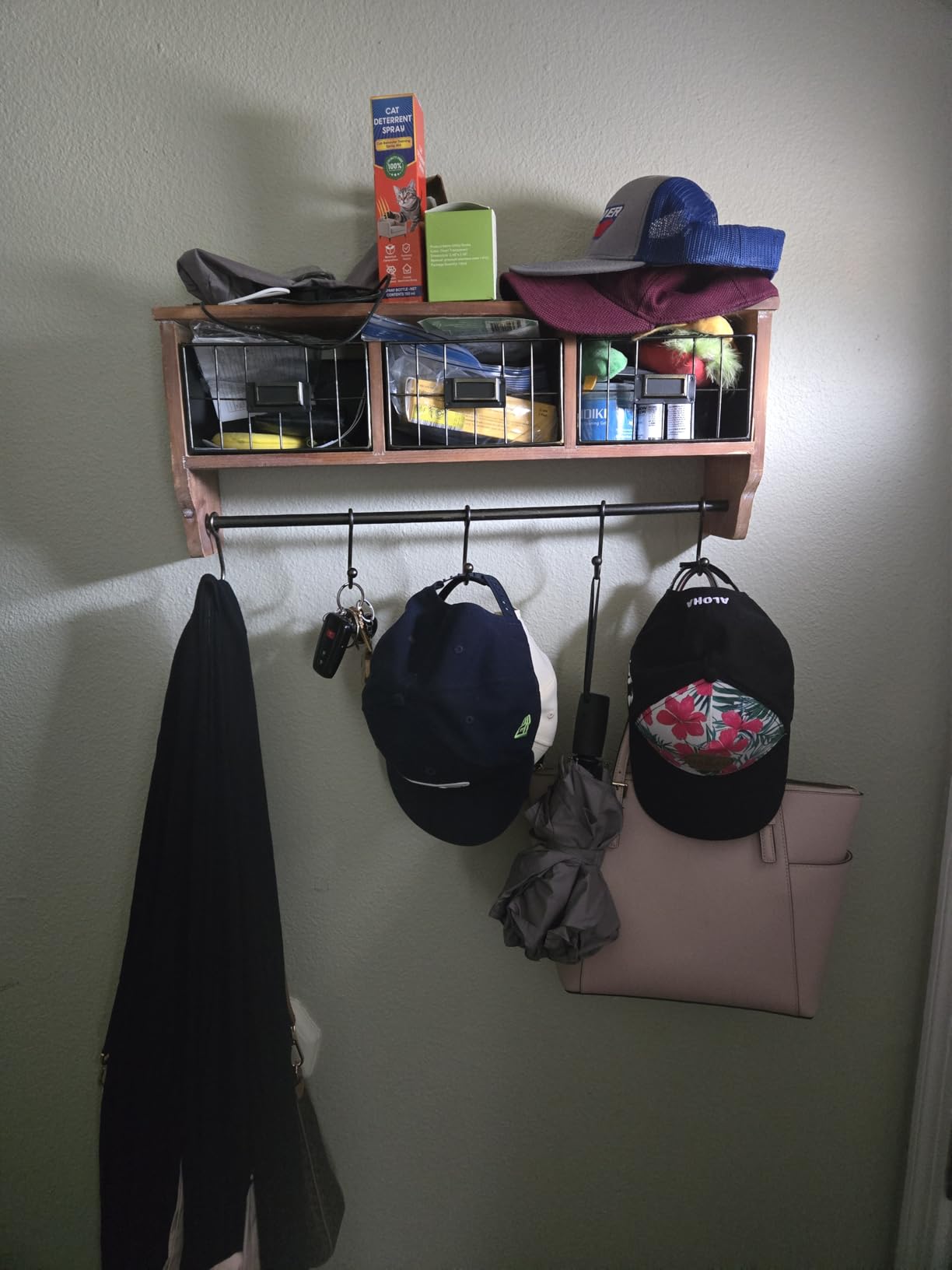 HBCY Creations Wall Mounted Shelf with Coat Hooks and Baskets, Solid Wood Entryway Organizer Wall Shelf with Hooks - Hang Coats, Keys or Coffee Mugs, Rustic Brown 24