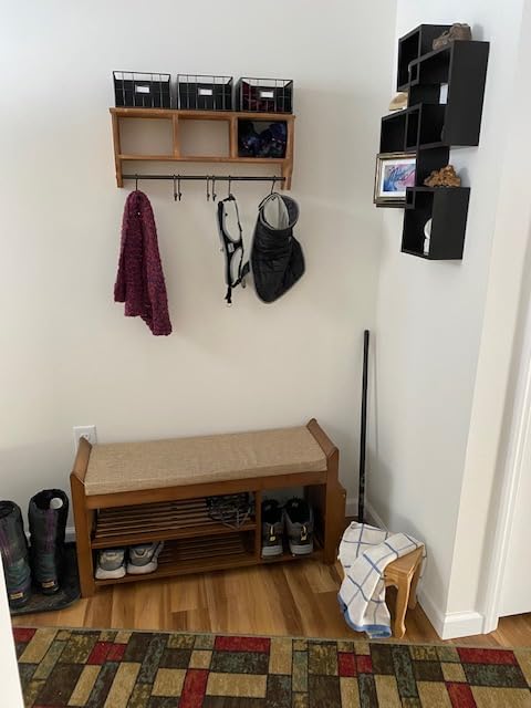 HBCY Creations Wall Mounted Shelf with Coat Hooks and Baskets, Solid Wood Entryway Organizer Wall Shelf with Hooks - Hang Coats, Keys or Coffee Mugs, Rustic Brown 24