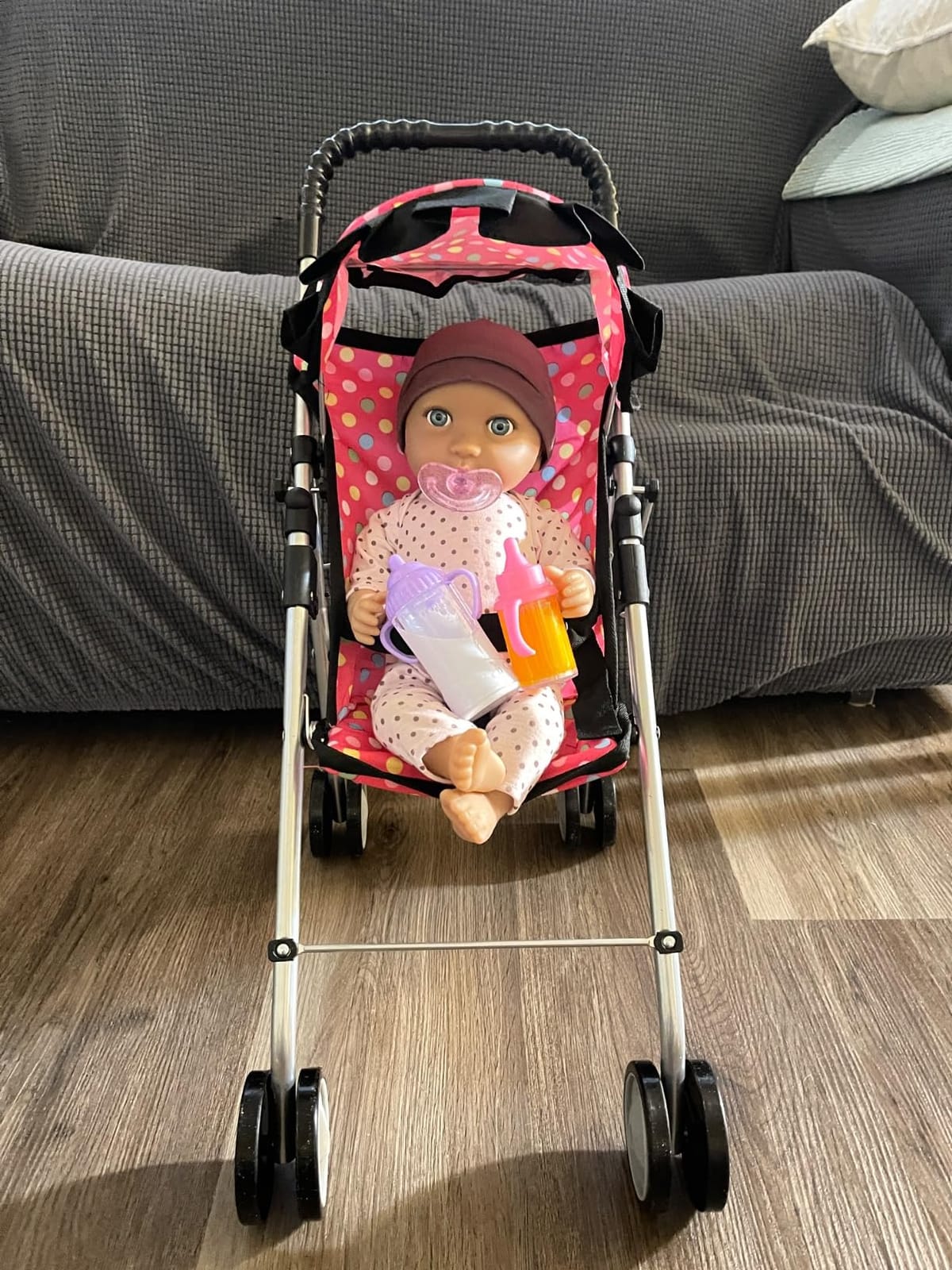 fash n kolor Baby Doll Stroller for Kids – Foldable Doll Stroller for 18 Inch Dolls with Adjustable Handle, Canopy, Storage Basket & Safety Belt – Pretend Play Toy Stroller customer photo 1