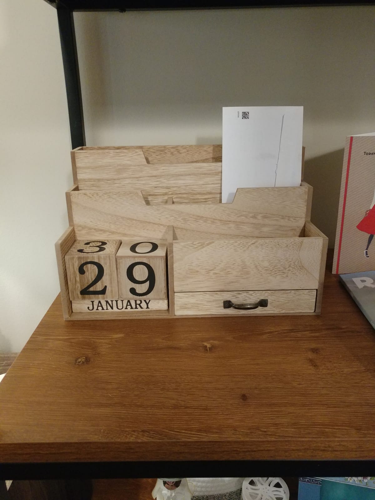 BLU MONACO Dark Wooden Mail Organizer with Block Calendar | Two-Tier Mail Sorter, Drawer & Accessory Compartment | Desktop Organizer for Home or Women's Office customer photo 1