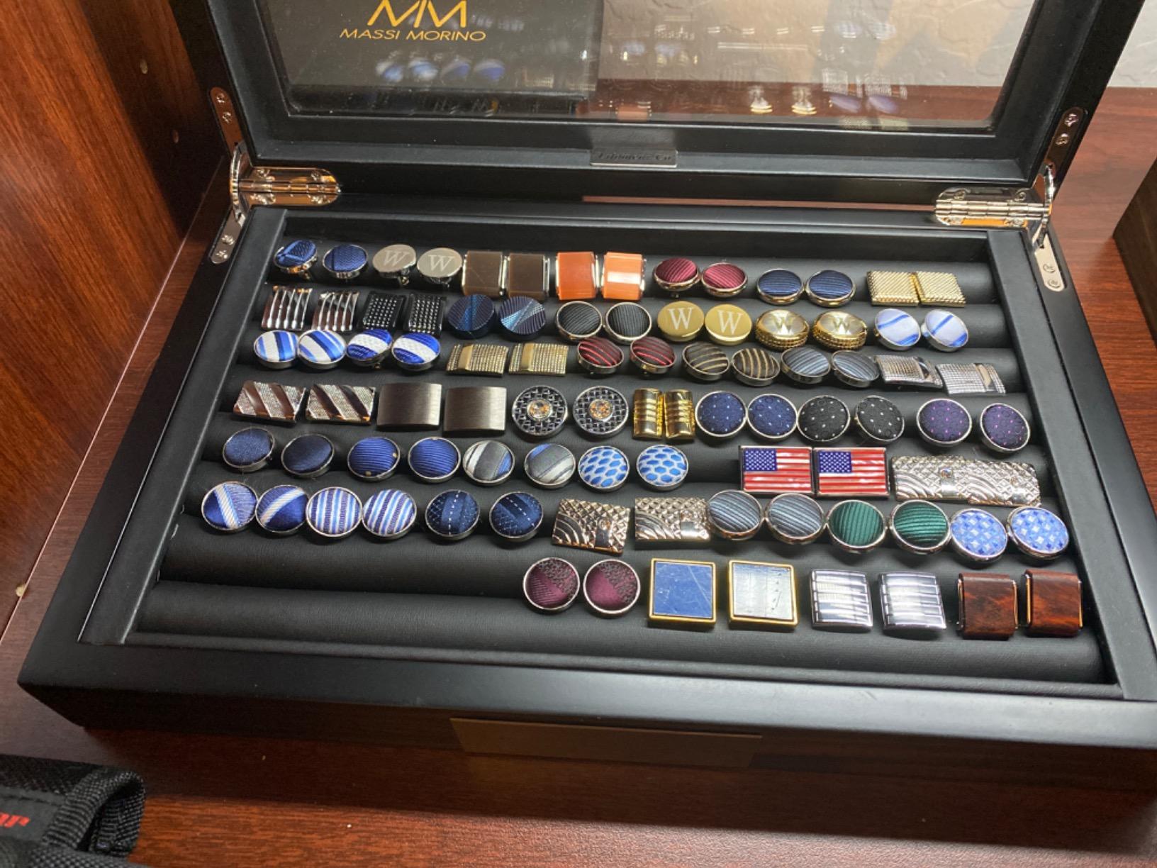 Men's Cufflink Box Organizer - Wooden Cufflink Display Case with Glass Window for 36-46 Pairs & Ring Storage - Ebony customer photo 1