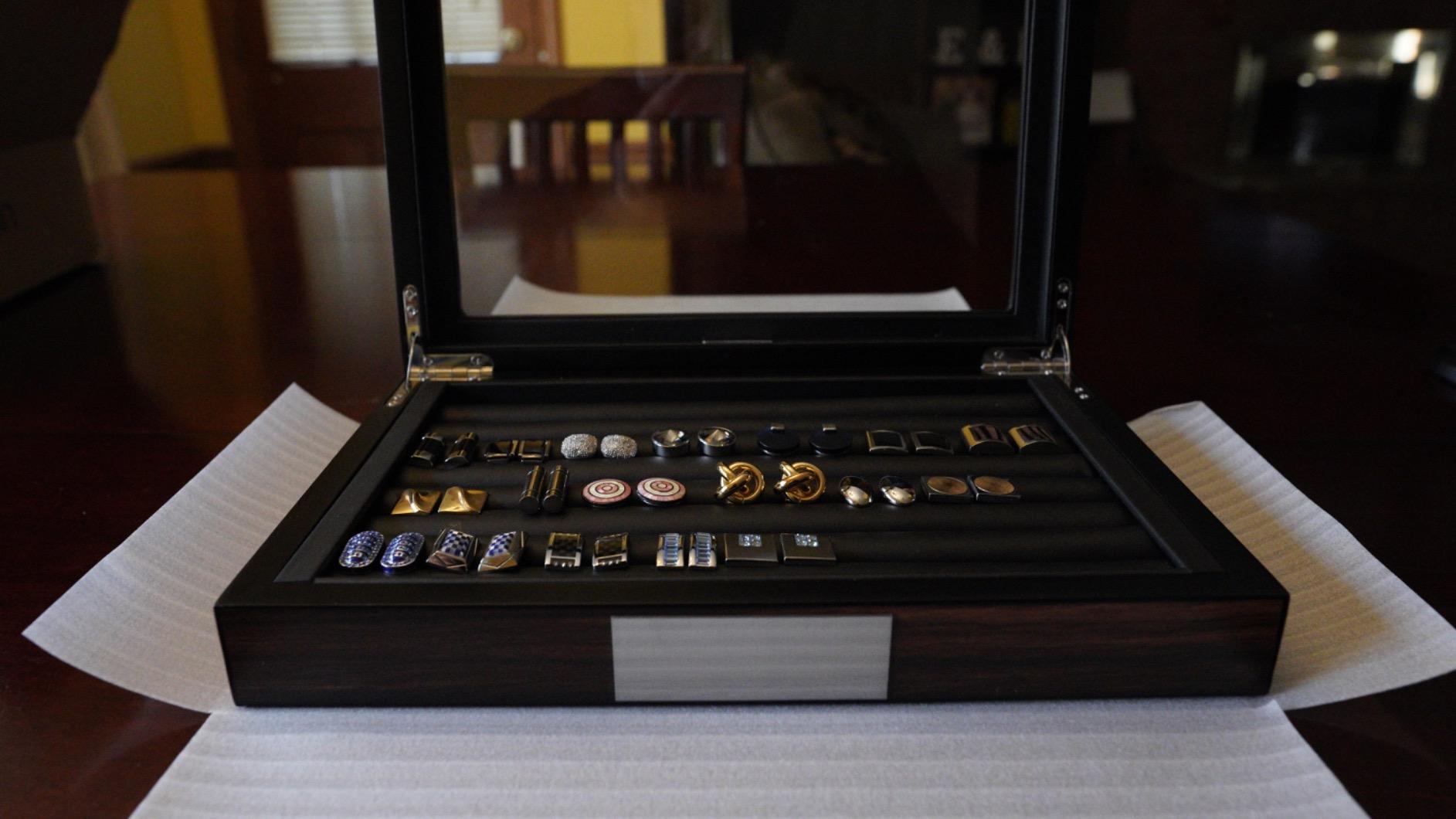 Men's Cufflink Box Organizer - Wooden Cufflink Display Case with Glass Window for 36-46 Pairs & Ring Storage - Ebony customer photo 2