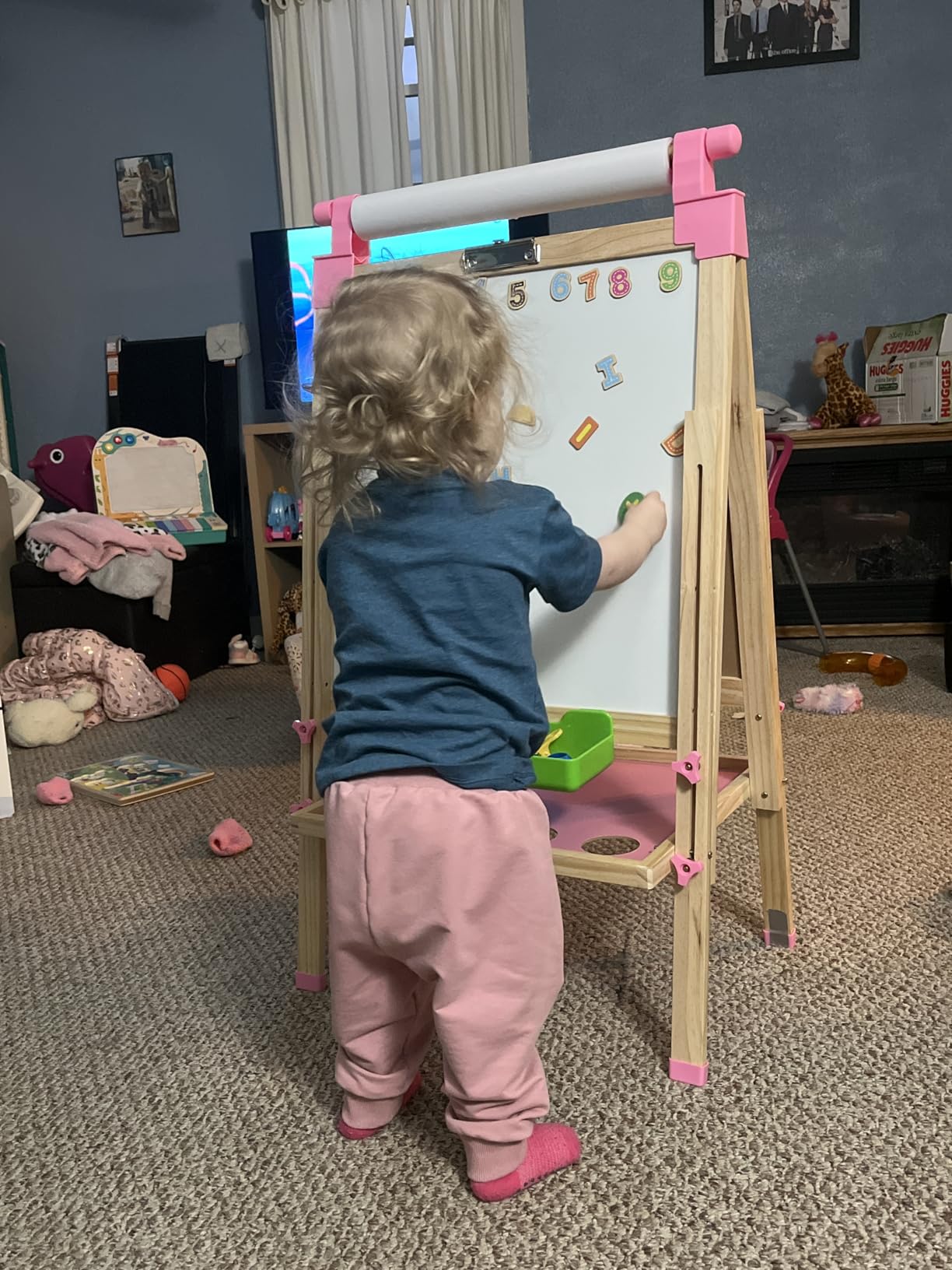 JOYOOSS Kids Wooden Easel with Paper Roll - Adjustable Magnetic Double Sided Drawing Board Whiteboard & Chalkboard Dry Easel Board,Children Art Easel for 3~12 Years Kids Boys Girls Painting Drawing customer photo 1