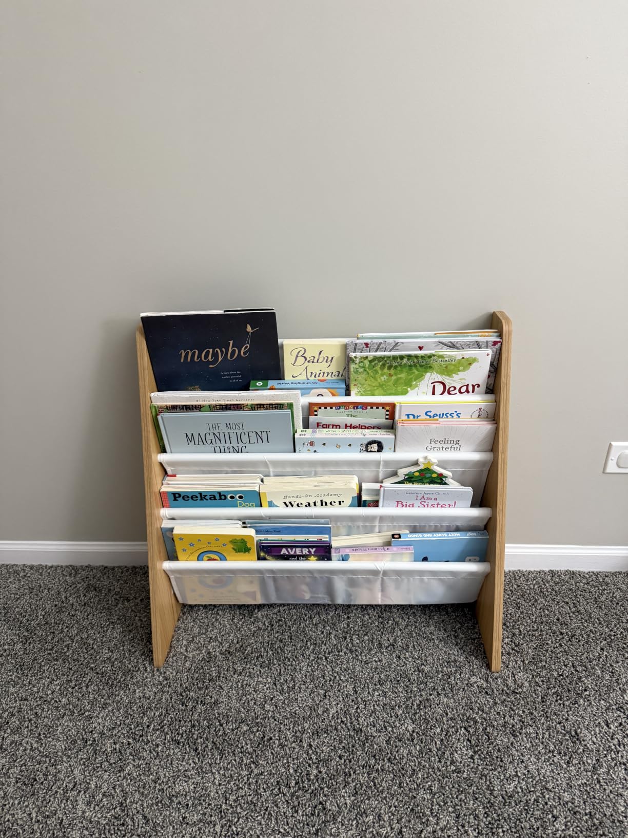 Humble Crew Kids Bookshelf, Montessori Front Facing Toddler Bookcase 4 Tier | Book display rack and reading nook organizer, nylon pockets show covers face out, compact for any playroom or bedroom space customer photo 2
