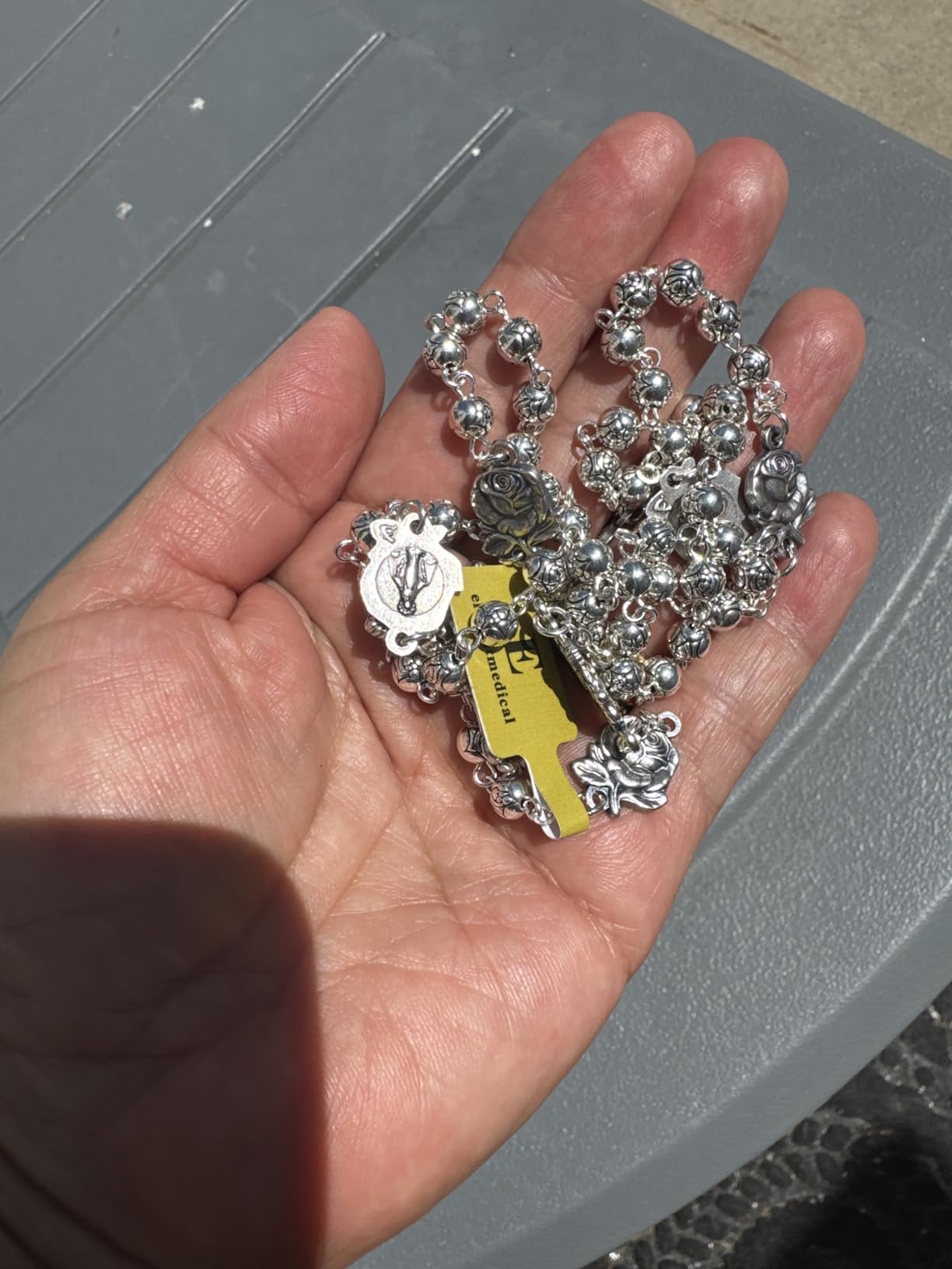 HANDMADE Silver Rose Beads Catholic 5 Decade Rosary with Cross Gift Box Italy Crucifix customer photo 1