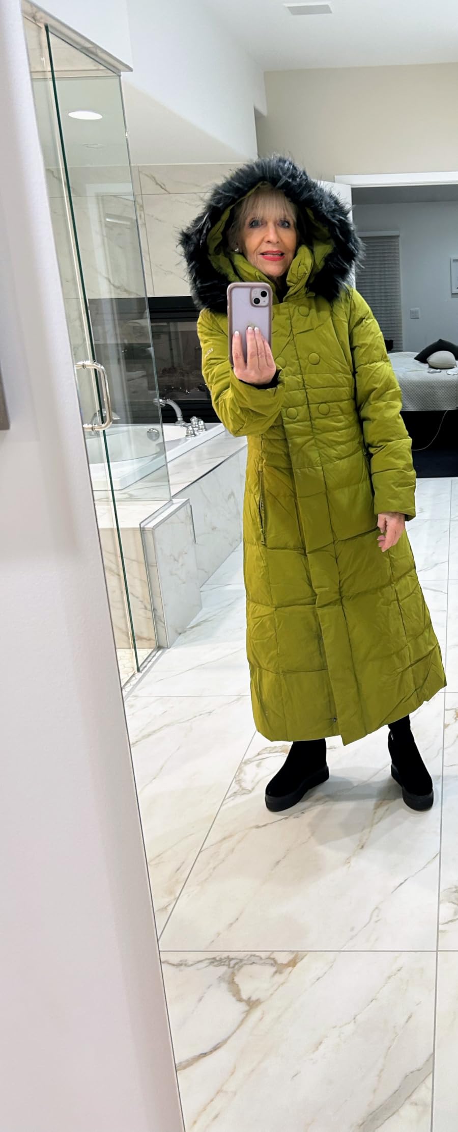 Orolay Women Warm Down Jacket with Hood Fur Long Puffer Coat Brown customer photo 2