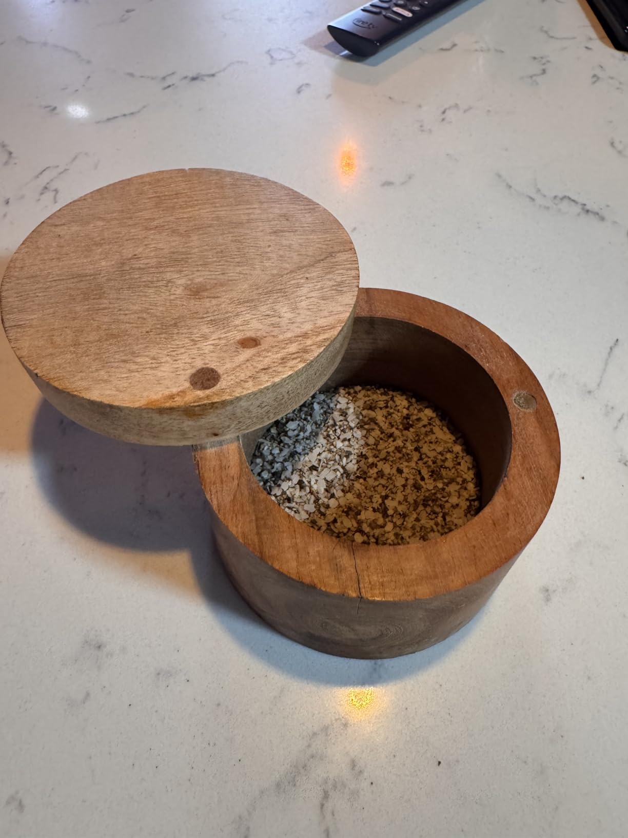 Kaizen Casa Acacia Wood Salt or Spice Box with Swivel Cover perfect for keeping table salt, gourmet salts, herbs or favorite seasonings, close at hand on your countertop. customer photo 1