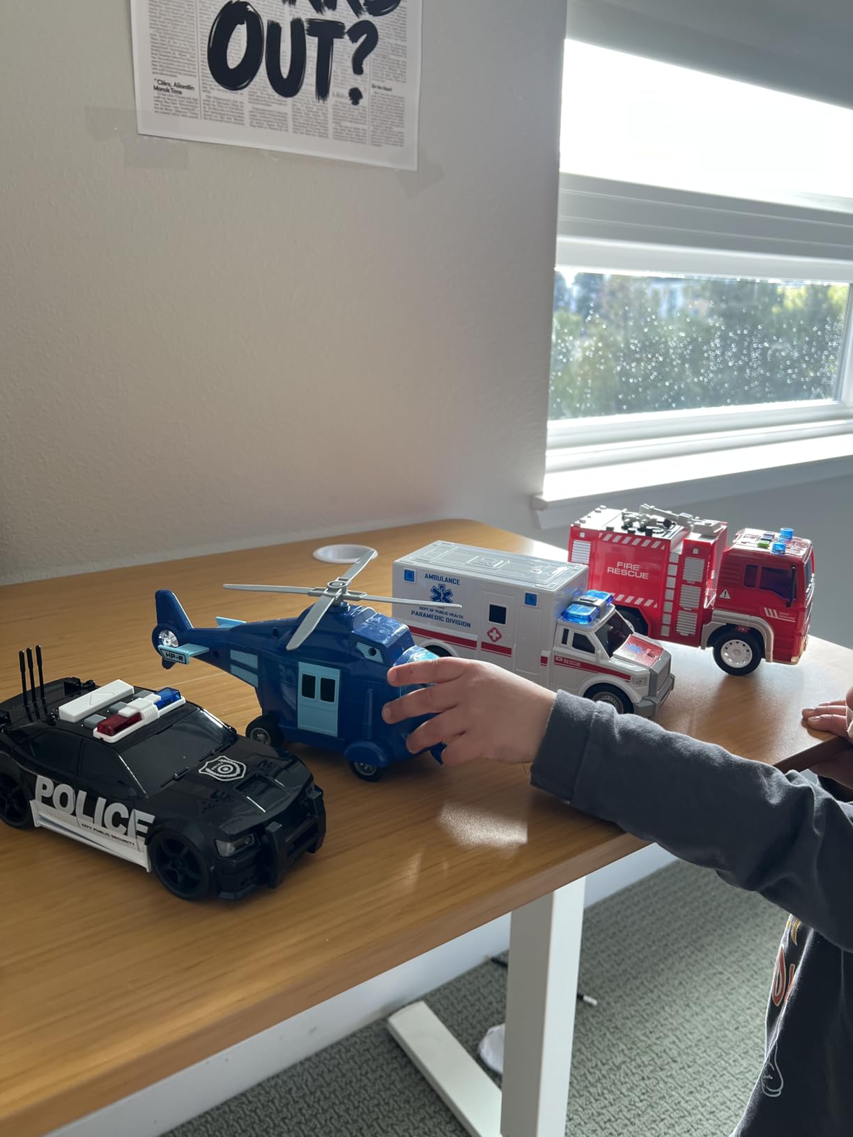 JOYIN 4 Pcs Emergency Vehicle Toy Playsets, Friction Powered Vehicles with Light and Sound, Including Fire Truck, Ambulance, Play Police Car and Helicopter, Kids Boys Gifts customer photo 1