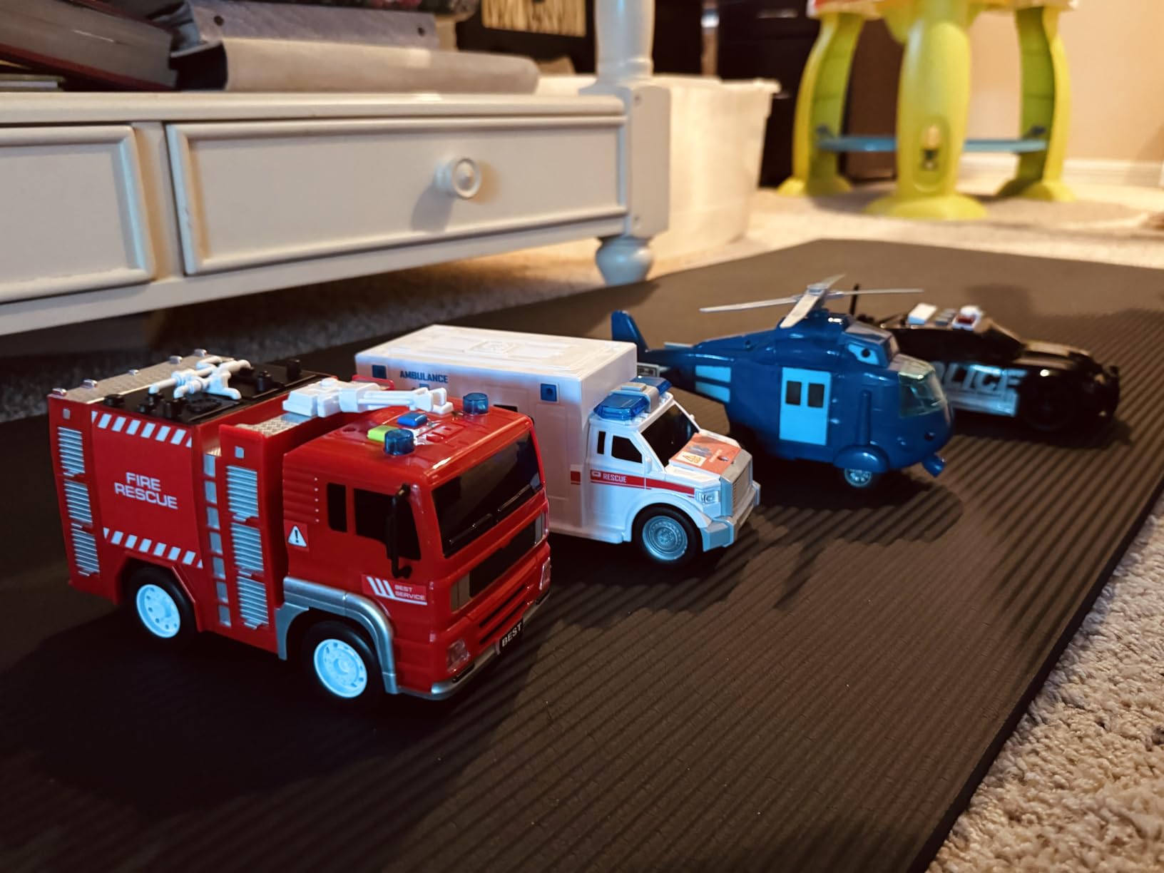 JOYIN 4 Pcs Emergency Vehicle Toy Playsets, Friction Powered Vehicles with Light and Sound, Including Fire Truck, Ambulance, Play Police Car and Helicopter, Kids Boys Gifts customer photo 2