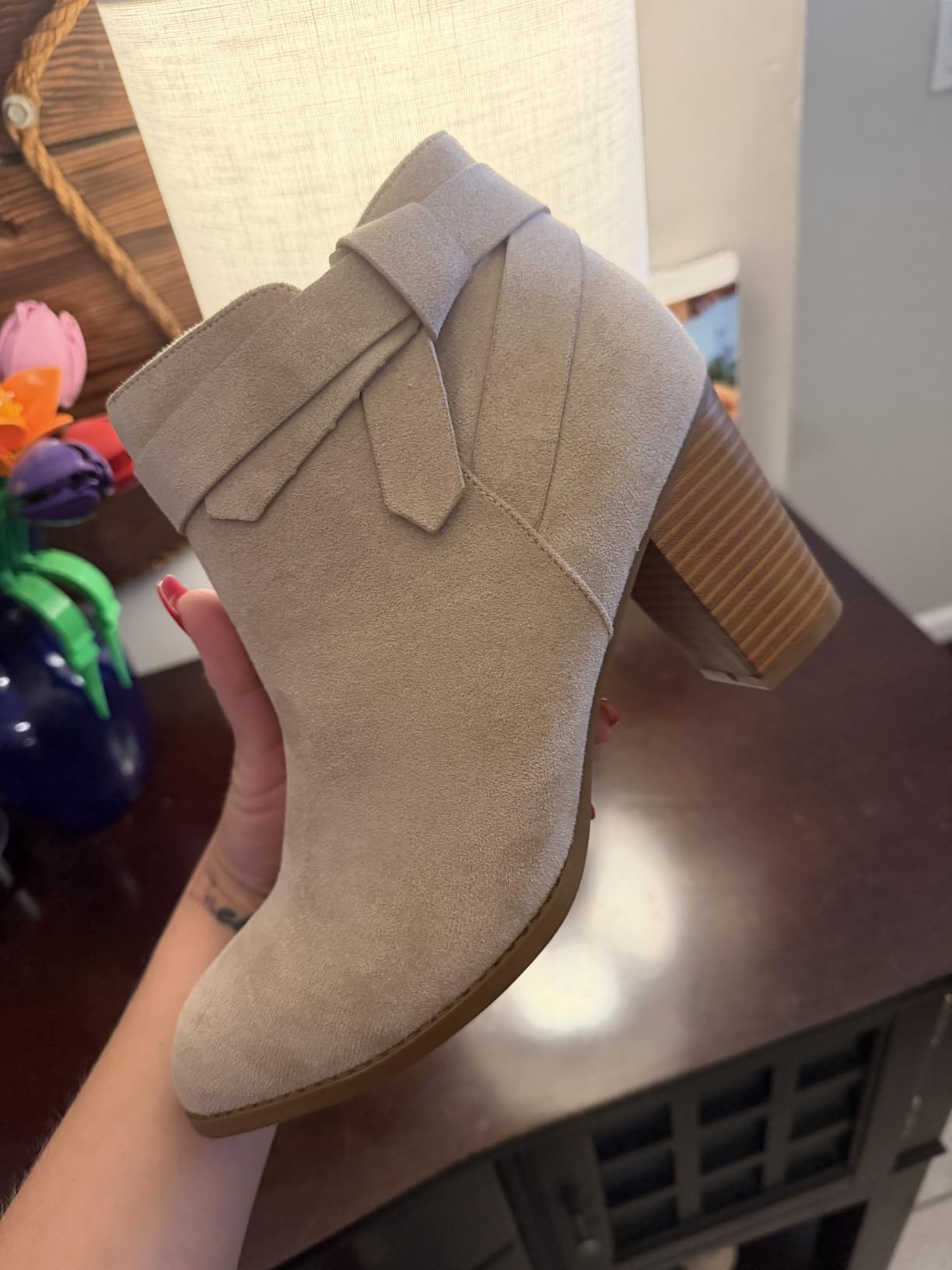 PiePieBuy Women's Tie Knot Chelsea Pump Ankle Boots Closed Toe Stacked Heel Booties Shoes customer photo 2