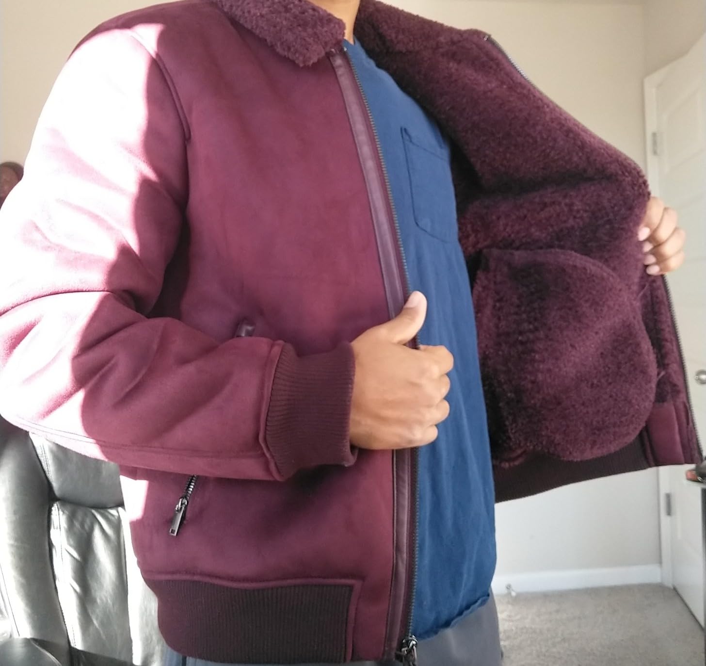 DKNY Men's Faux Shearling Bomber Jacket With Faux Fur Collar customer photo 1