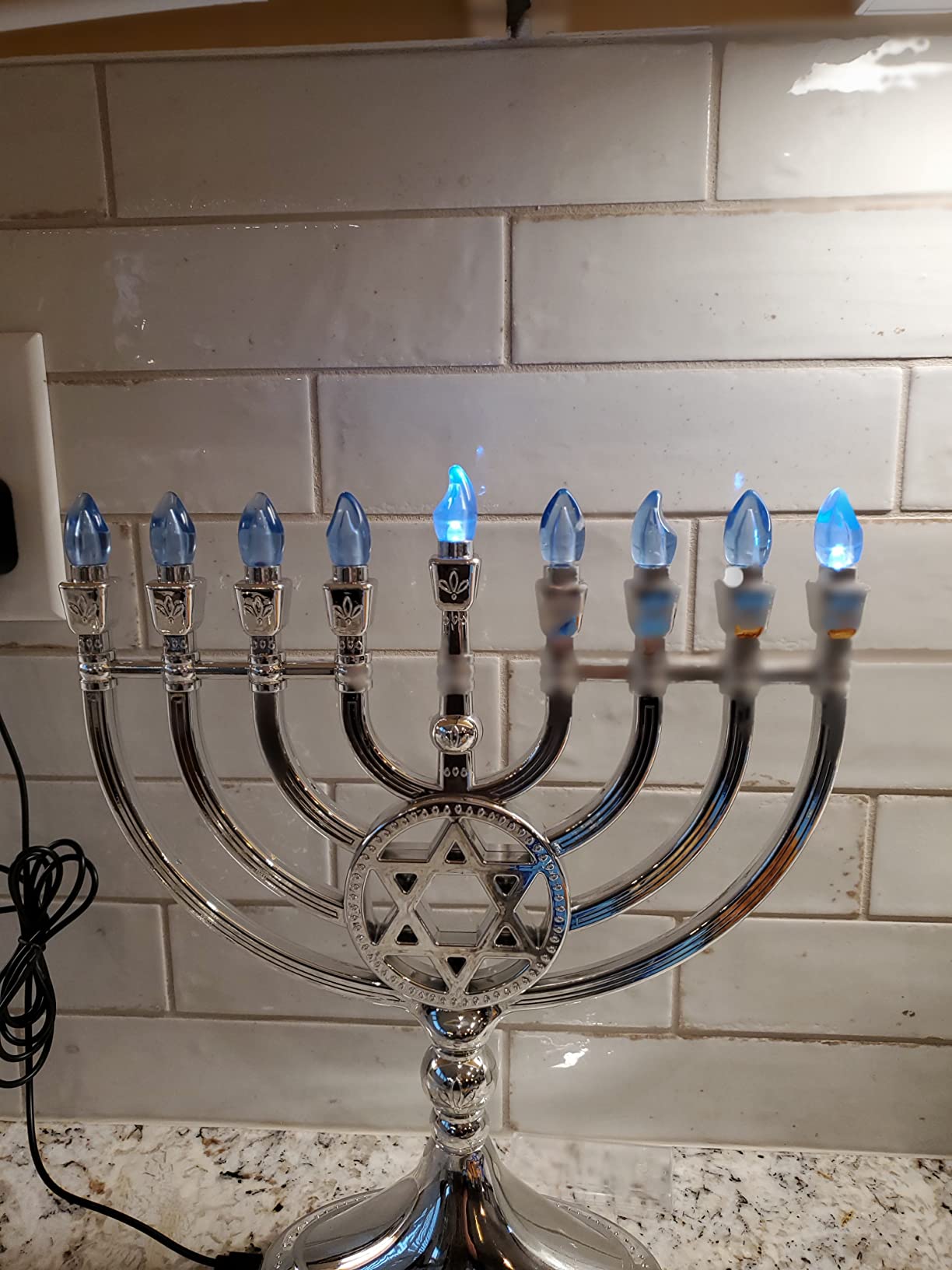 The Dreidel Company Traditional LED Electric Silver Mettalic Hanukkah Menorah -Full Size 13 Inches High 3 AA Battery or USB Powered - Includes a Micro USB 4' Charging Cable customer photo 2