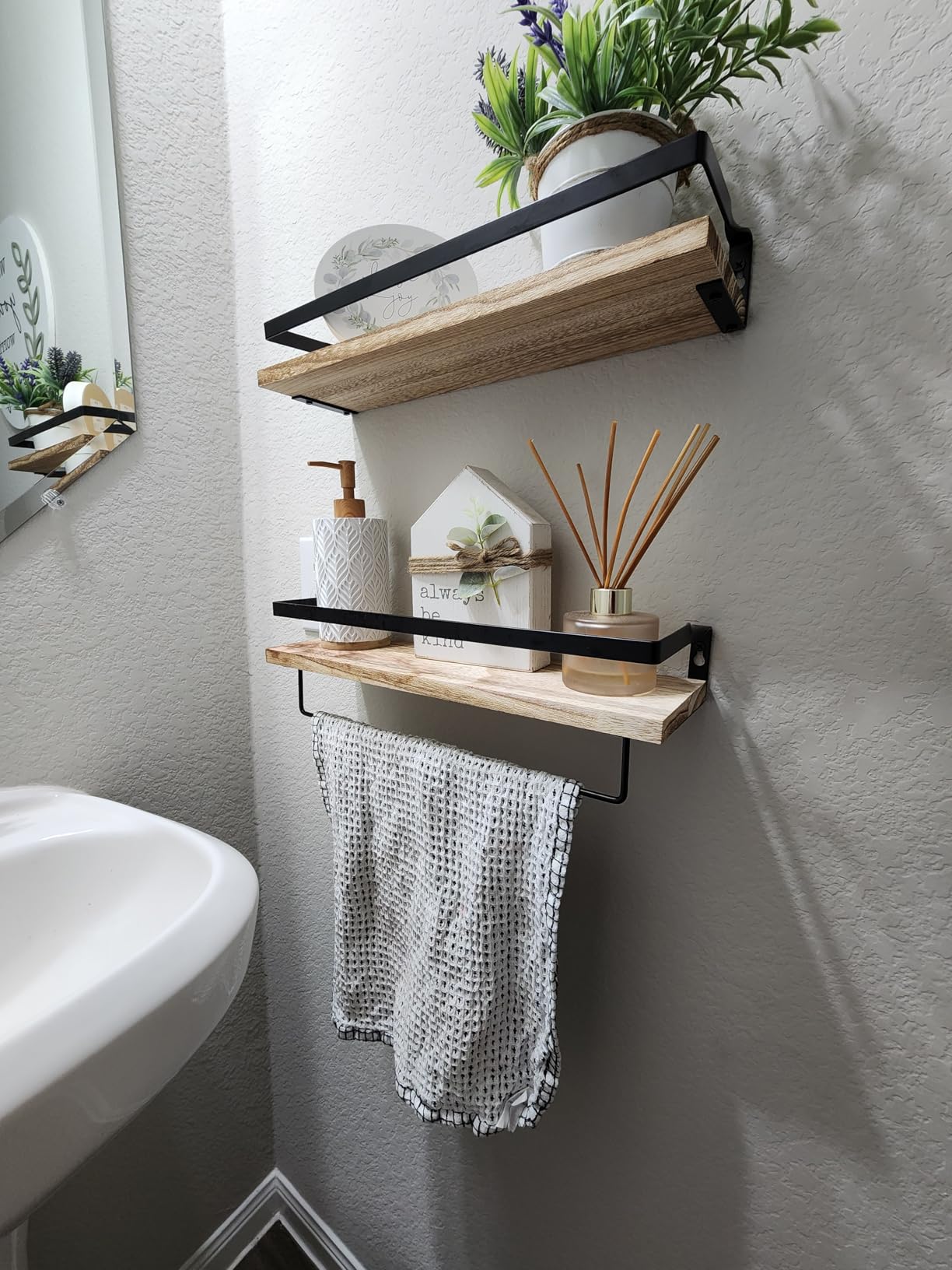 Amada Bathroom Shelves with Towel Bar, Set of 2, Light Brown customer photo 2